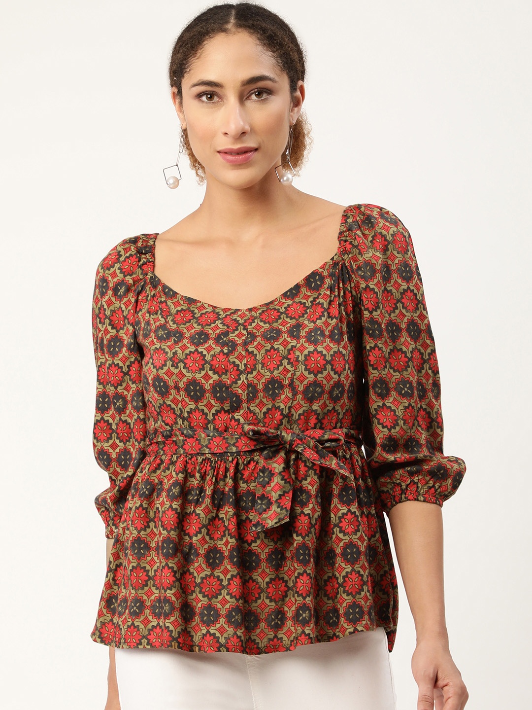 

Alsace Lorraine Paris Khaki & Red Print Sweetheart Neck Top with Belt