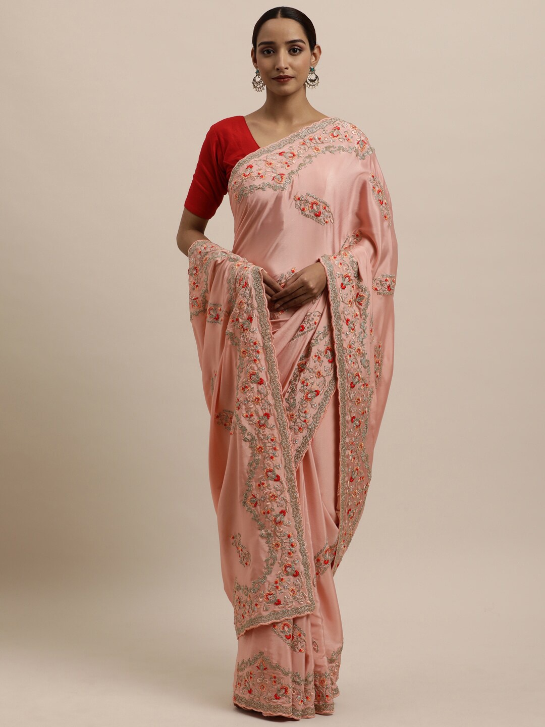 

kasee Peach-Coloured & Red Floral Embroidered Heavy Work Saree