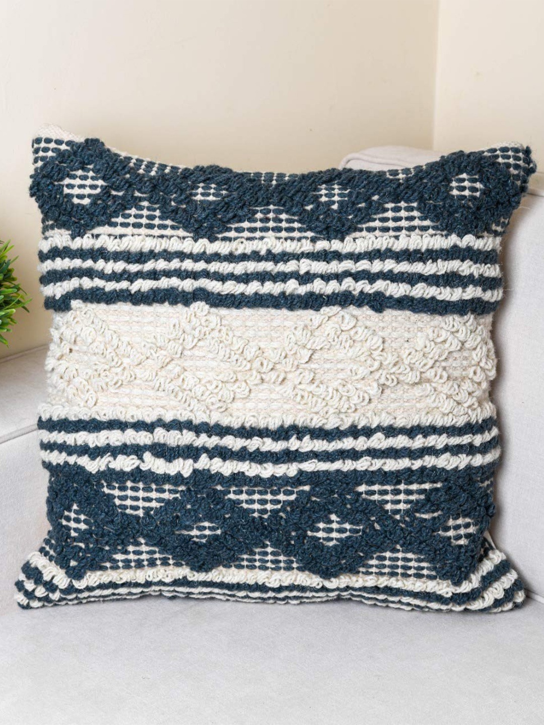 

HERE&NOW White & Green Self Design Square Cushion Covers