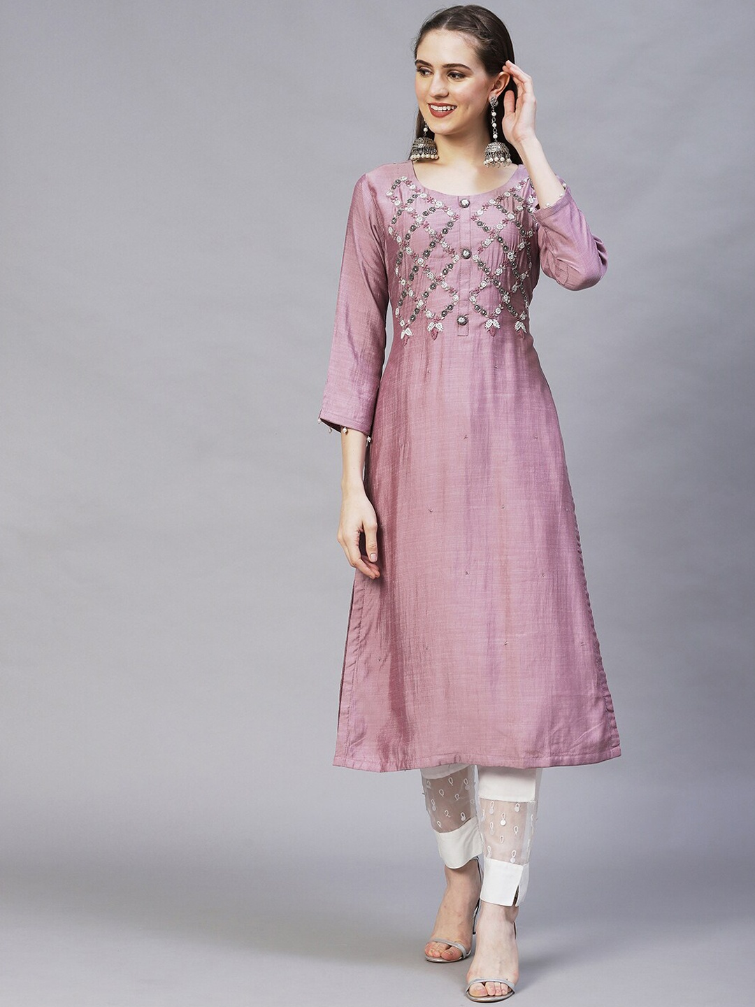 

FASHOR Women Mauve Embroidered Thread Work Straight Fit Silk Kurta