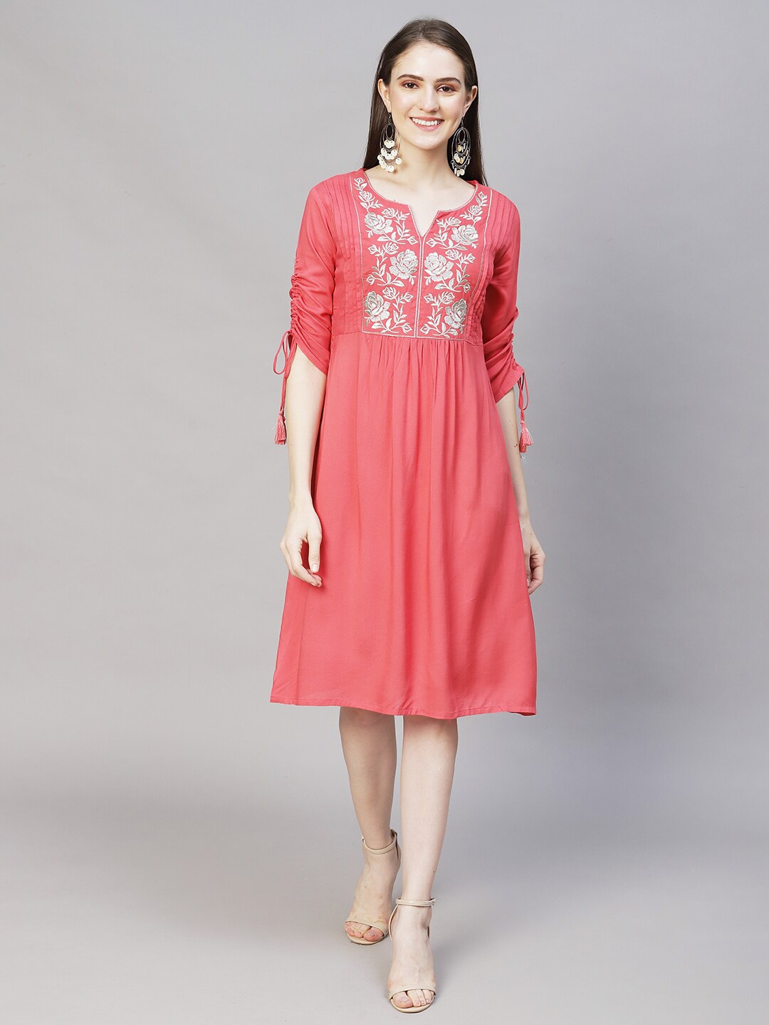 

FASHOR Peach-Coloured Floral Embroidered A-Line Dress