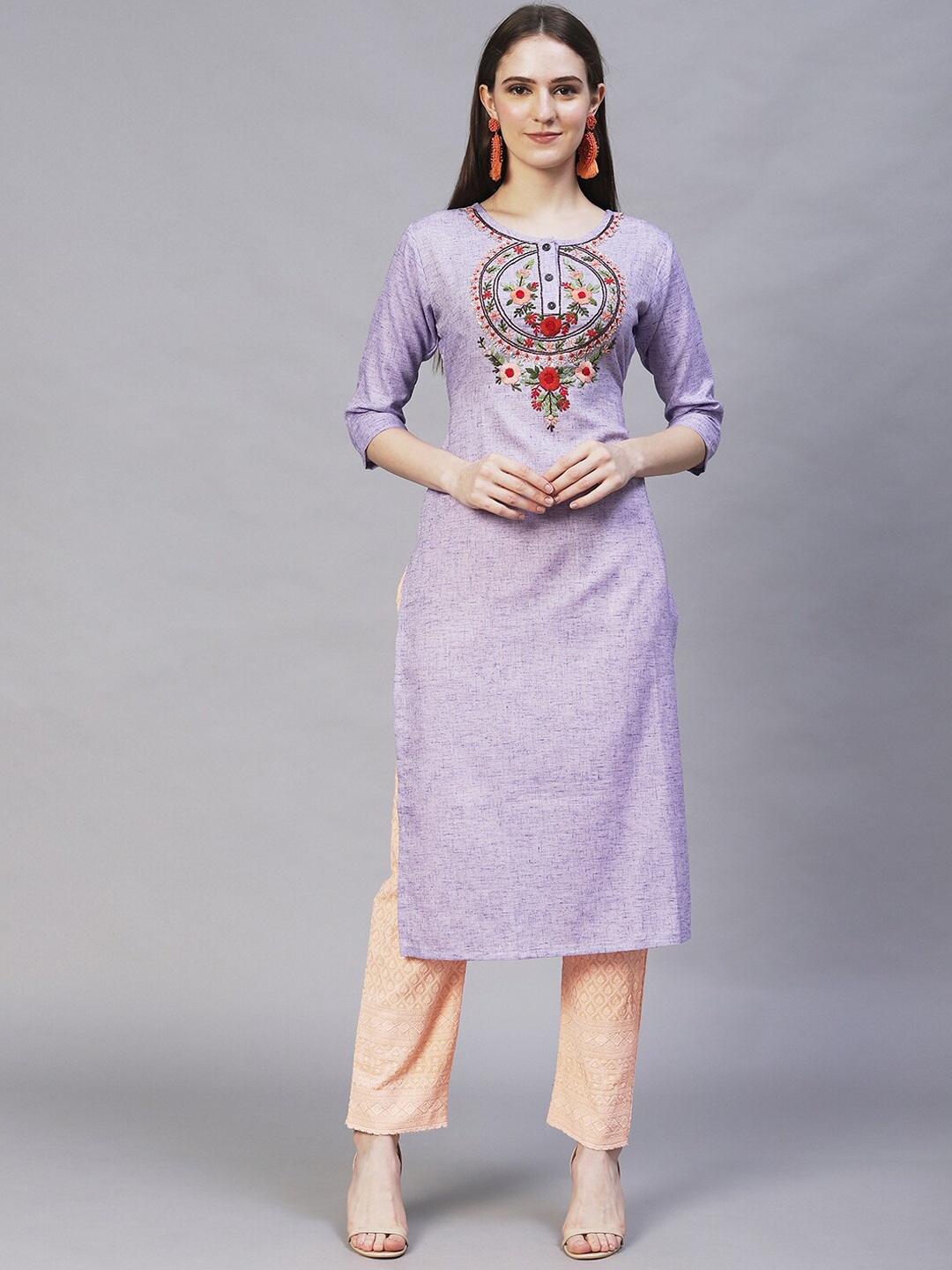 

FASHOR Women Violet Embroidered Thread Work Cotton Kurta