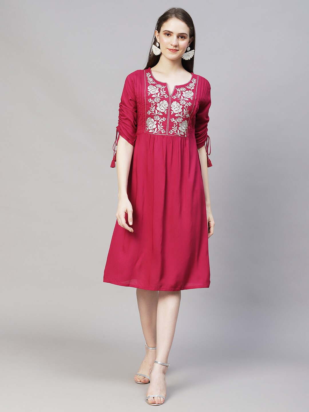

FASHOR Women Magenta Floral Embroidered A-Line Dress