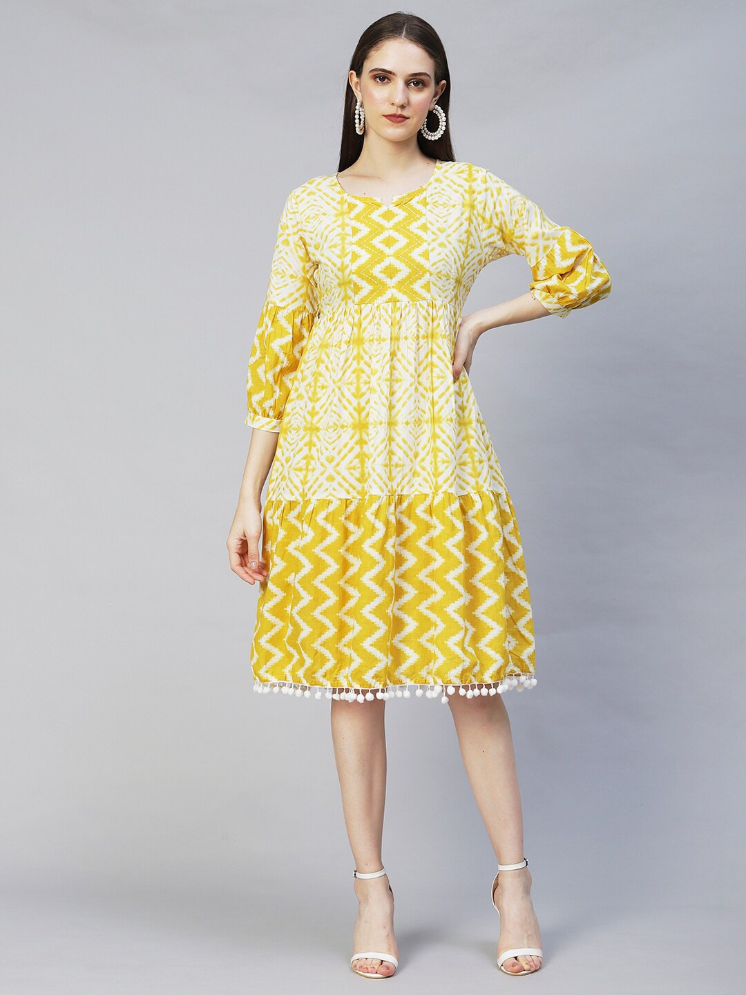 

FASHOR Women Mustard Yellow A-Line Midi Cotton Dress