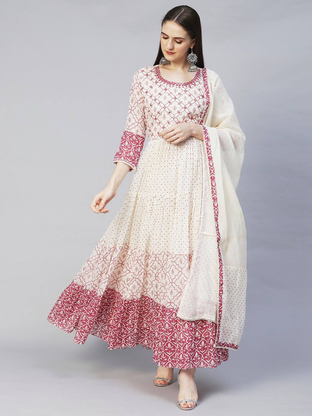 

FASHOR Women Off White Ethnic Motifs Maxi Dress With Dupatta
