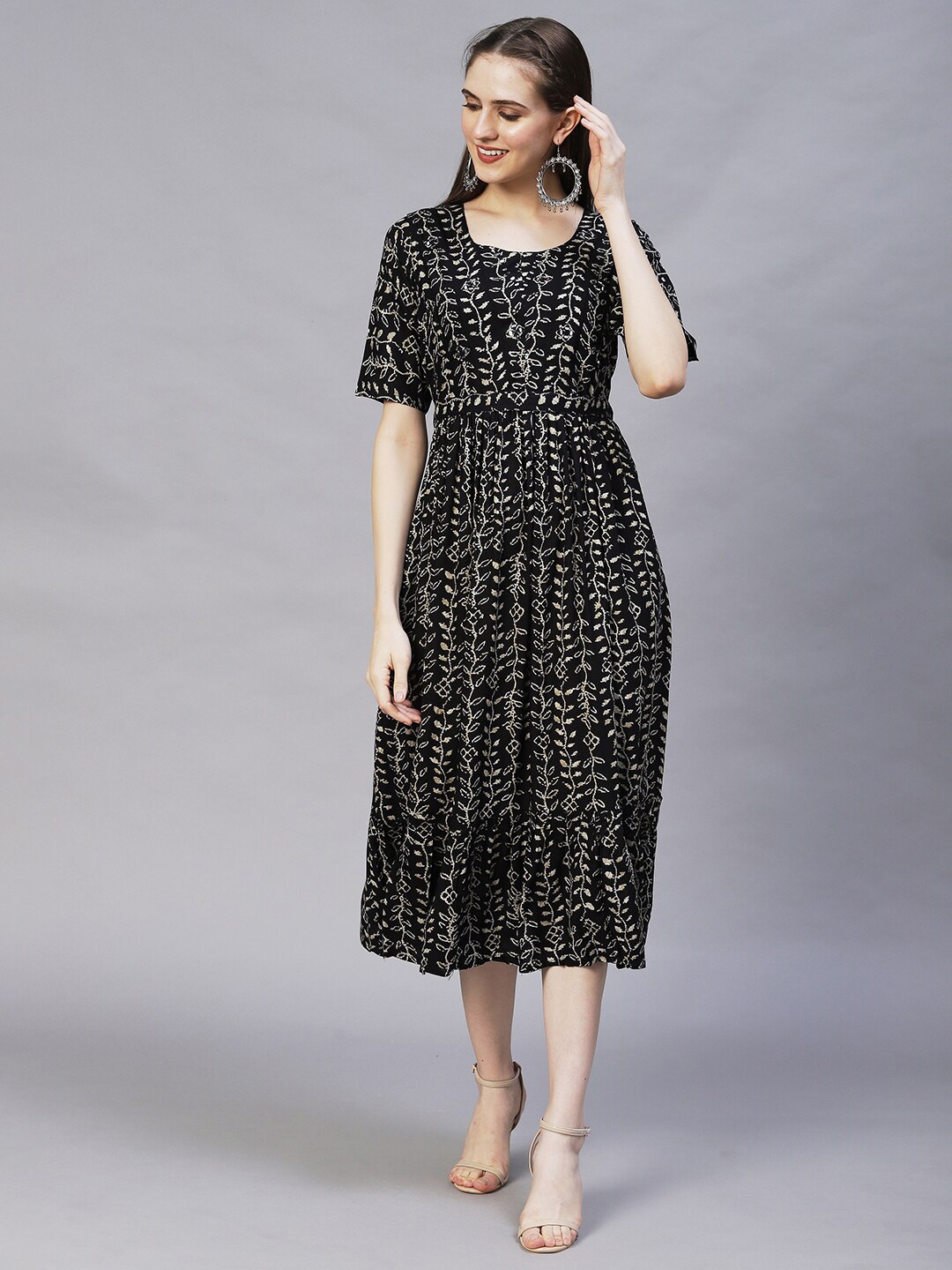 

FASHOR Black Ethnic Motifs A-Line Midi Dress