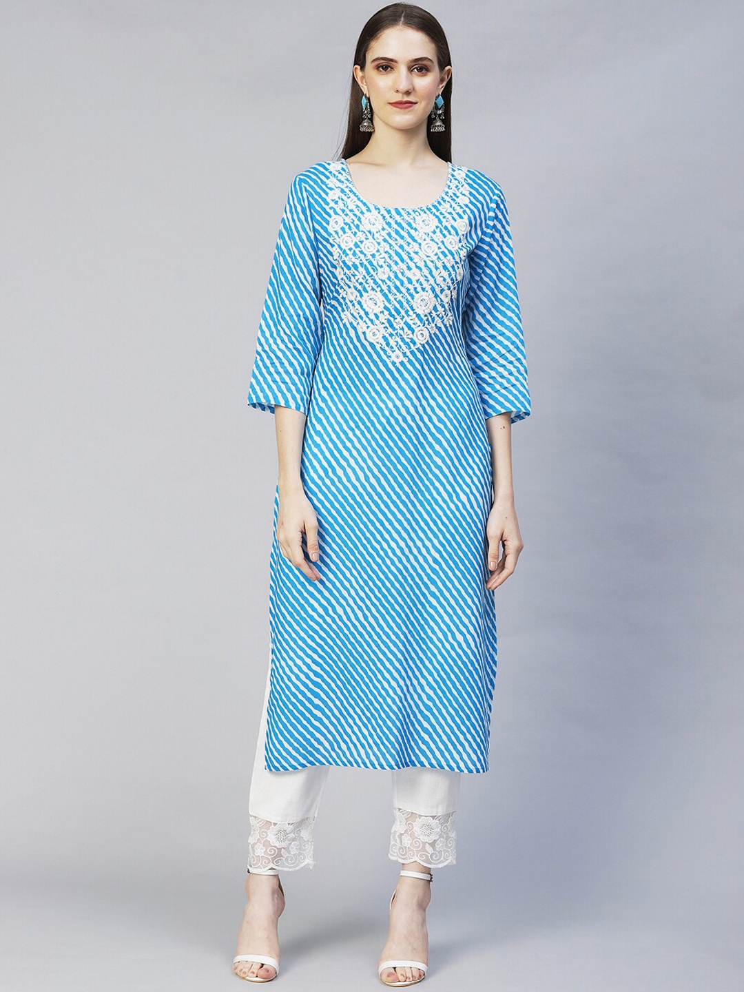 

FASHOR Women Blue Leheriya Printed Kurta