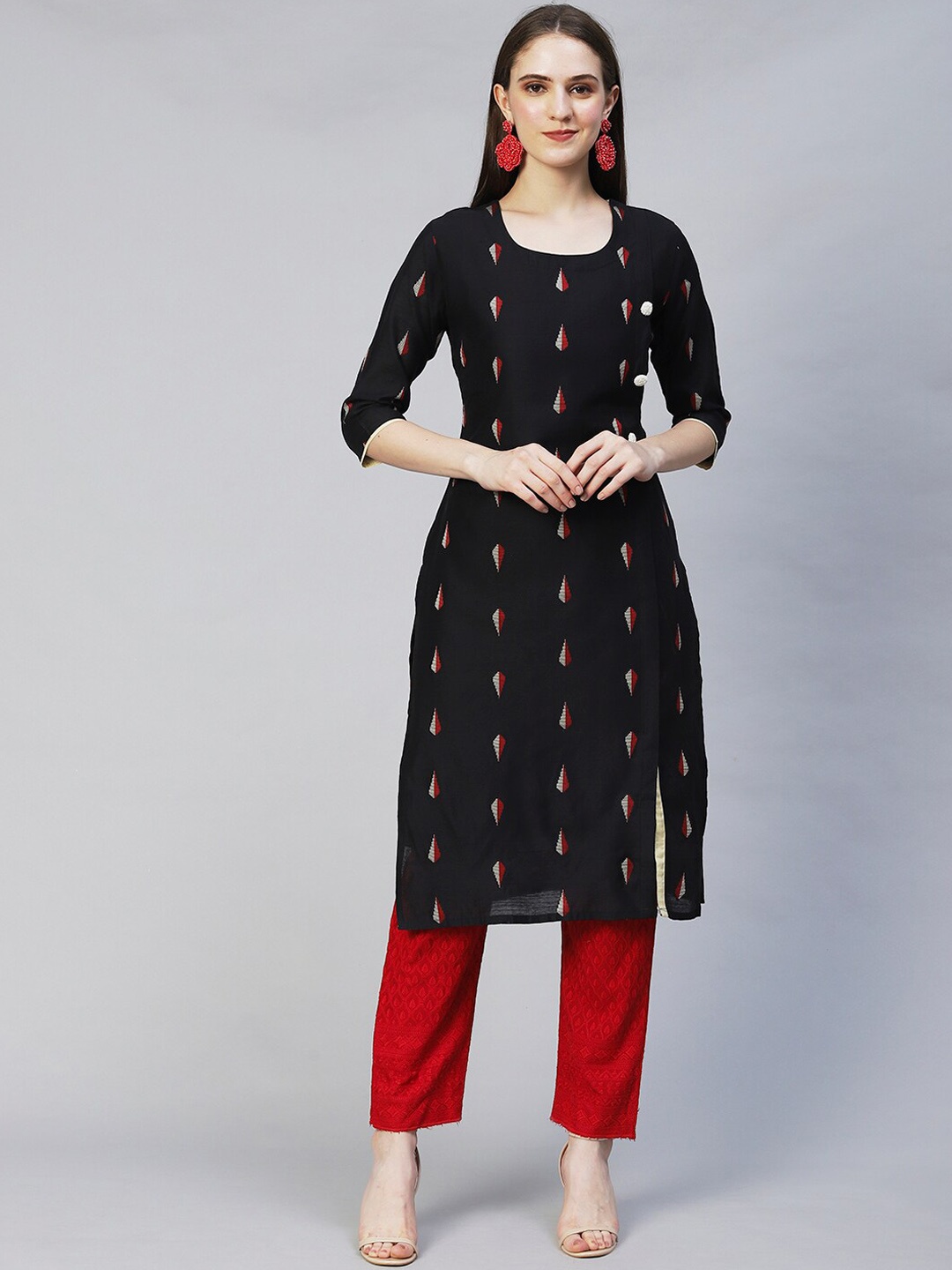 

FASHOR Women Black Printed Flared Sleeves Chanderi Silk Kurta
