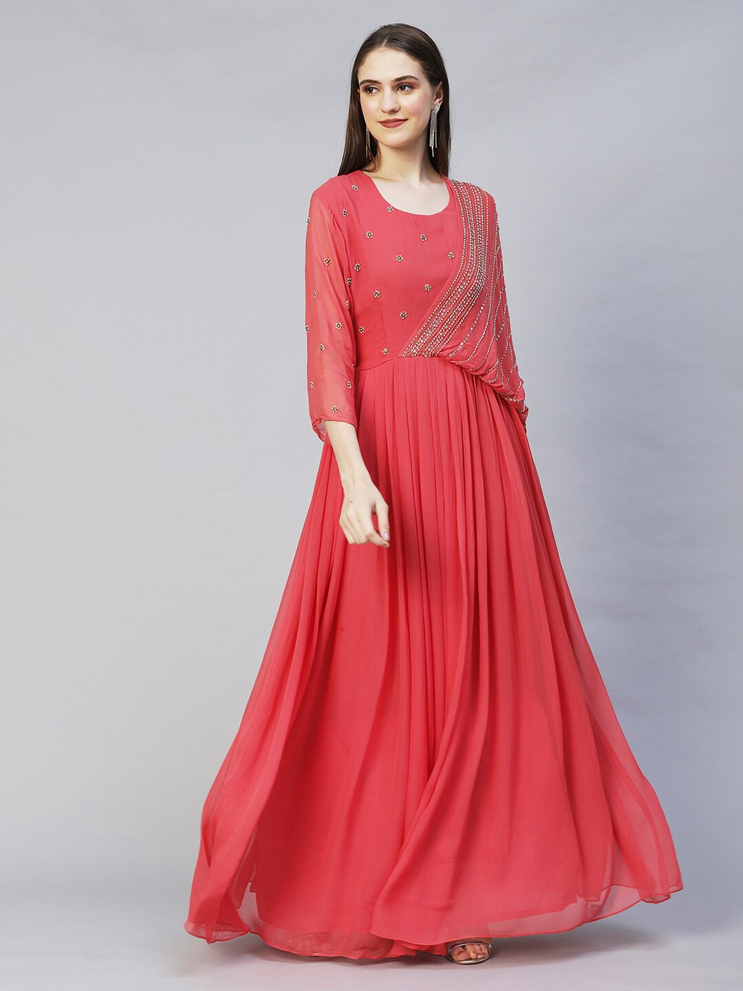 

FASHOR Women Pink Georgette Maxi Maxi Dress