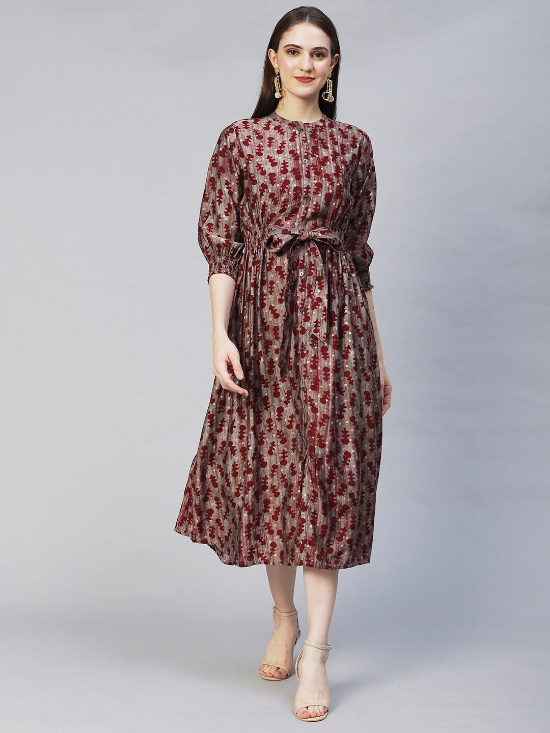

FASHOR Women Taupe Animal A-Line Midi Dress