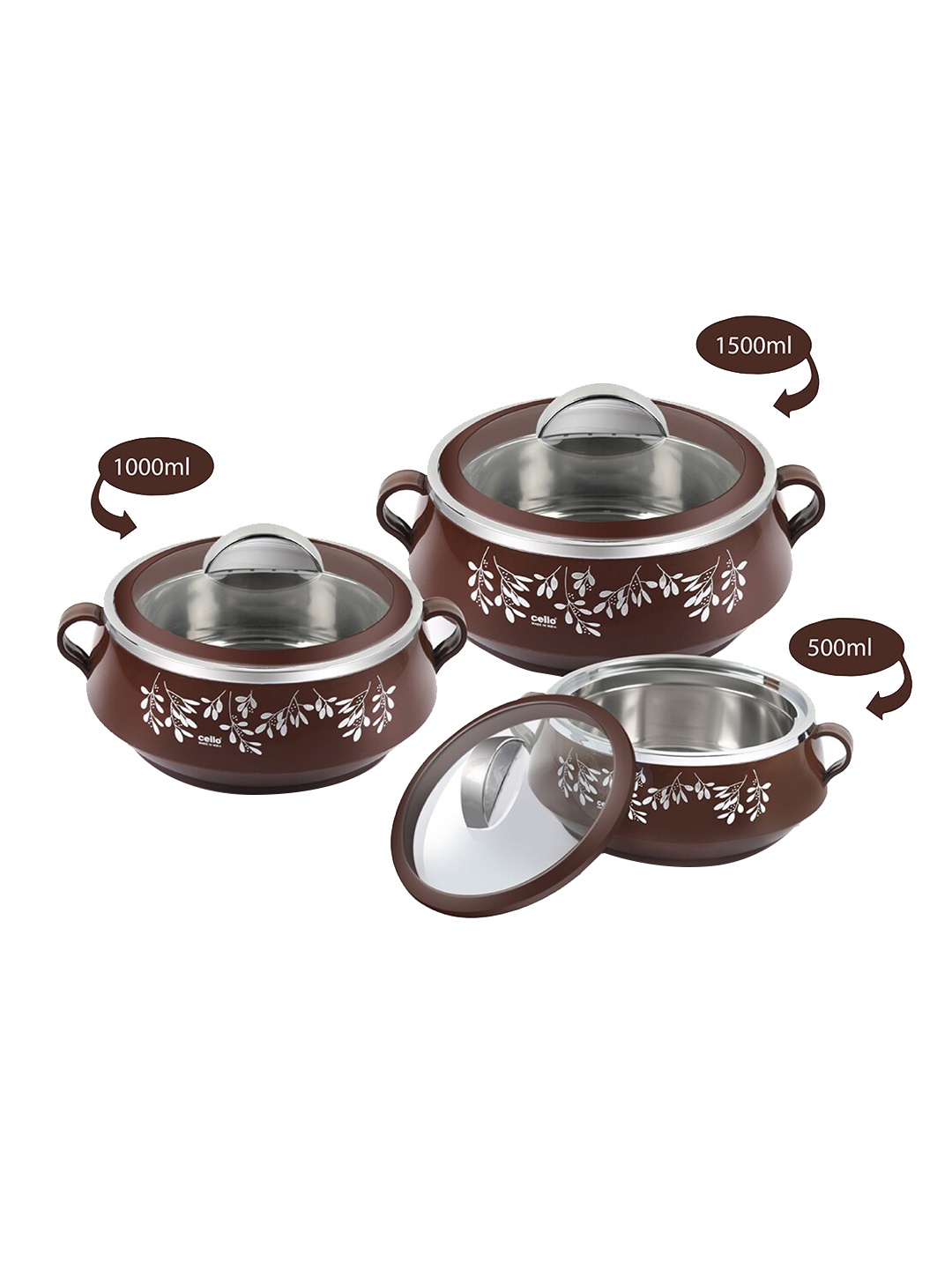 

Cello Set Of 3 Brown & White Printed Casserole With Lid