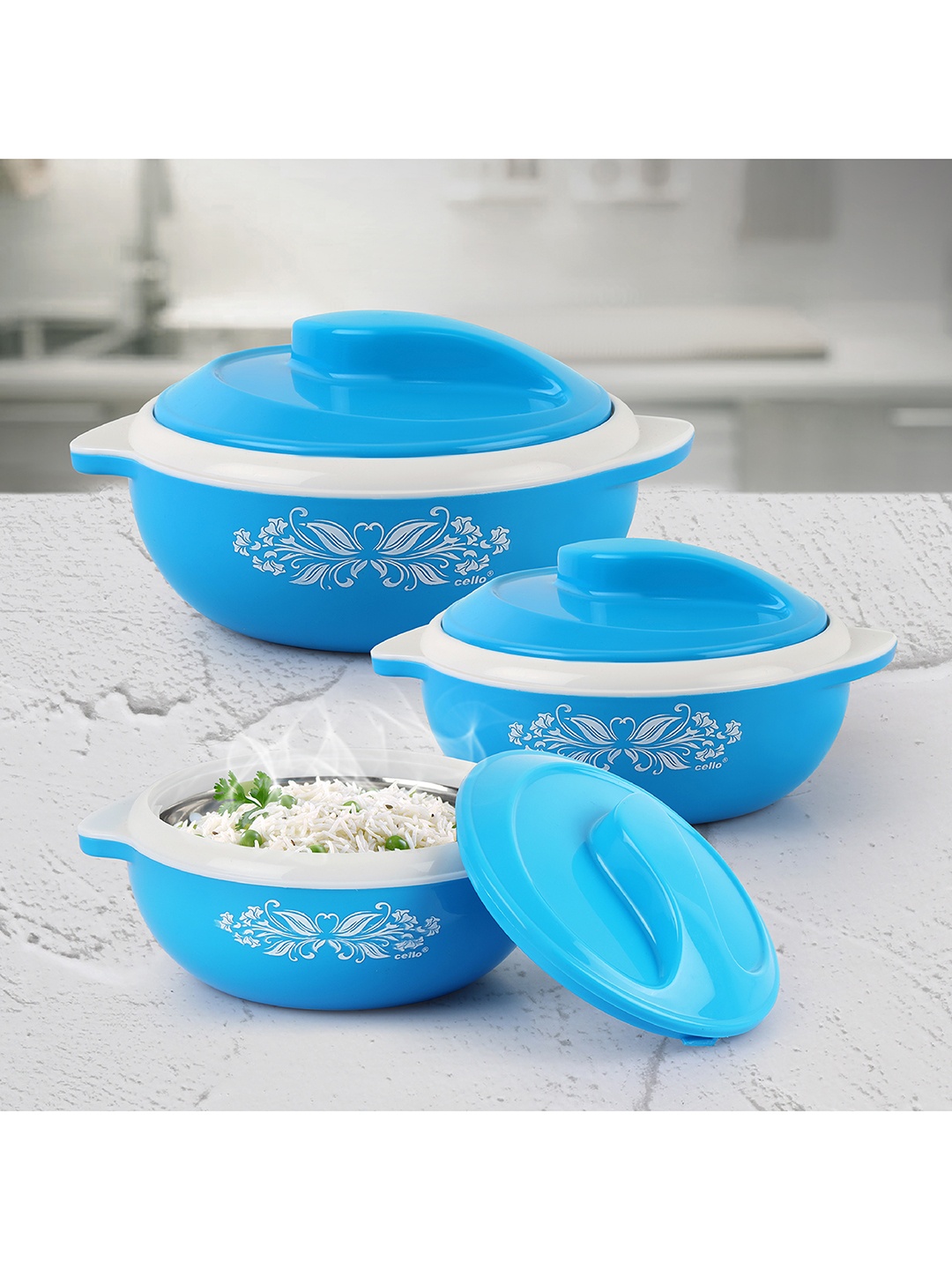 

Cello Hot Serve 3pc Blue Insulated Inner steel outer plastic casserole-500ml, 850ml, 1.5L