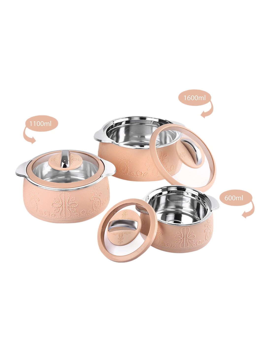 

Cello Royale Set of 3 Inner Steel Insulated Casserole With Glass Lid-600ml, 1100ml, 1600ml, Beige