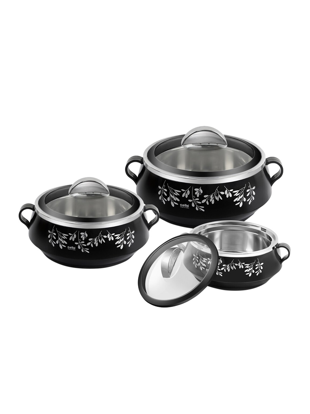 

Cello Set of 3 Black & White Printed Insulated Casserole with Inner Steel & Lid