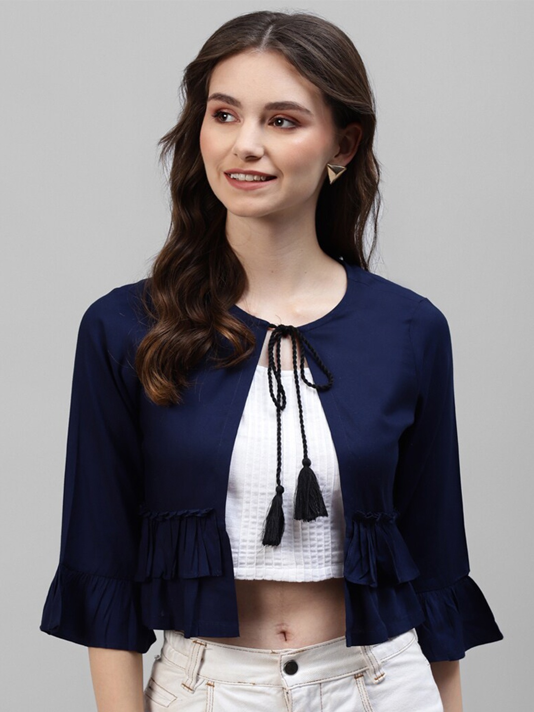 

DEEBACO Women Navy Blue Crop Shrug