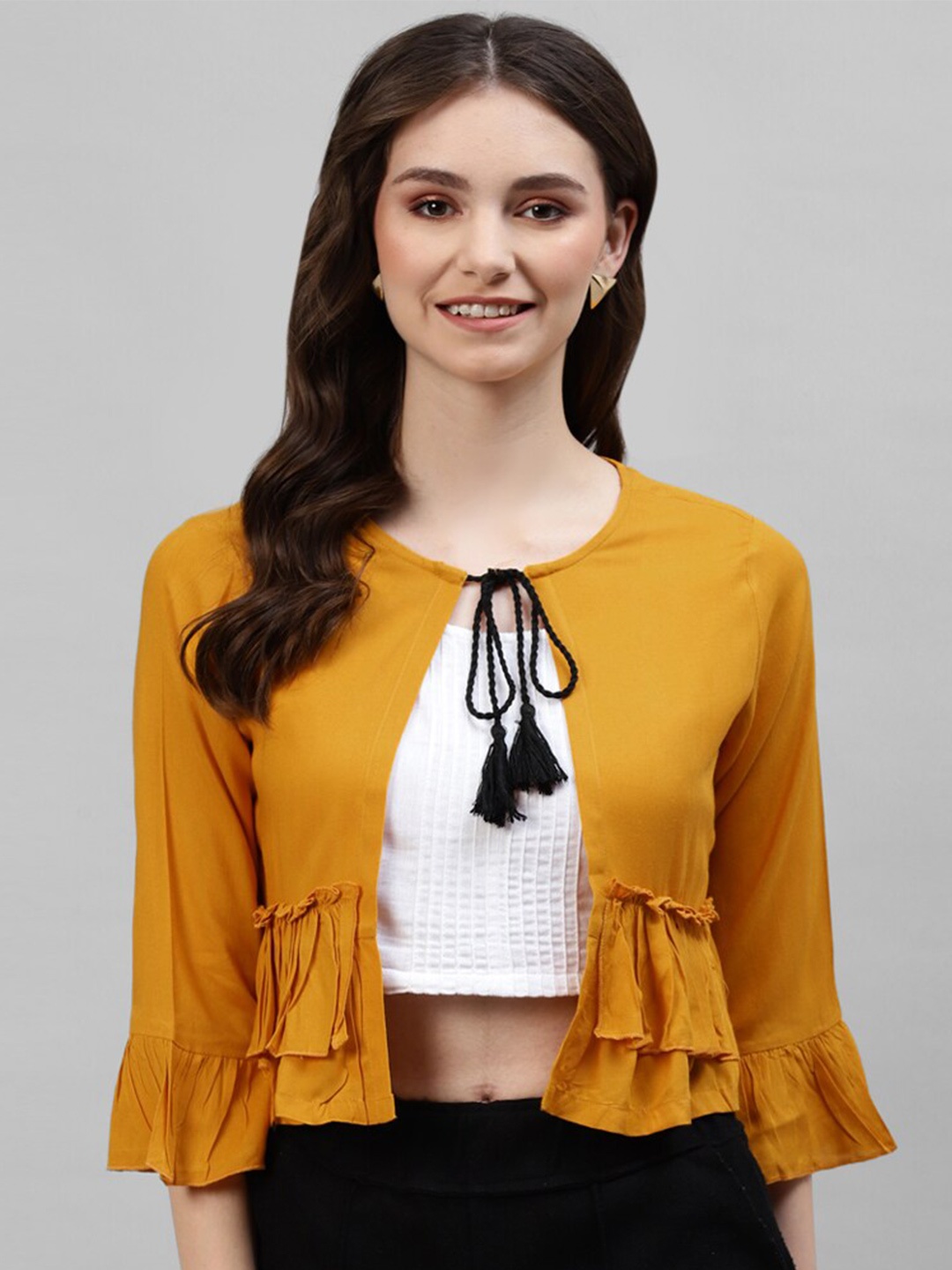 

DEEBACO Women Mustard Yellow Solid Crop Shrug