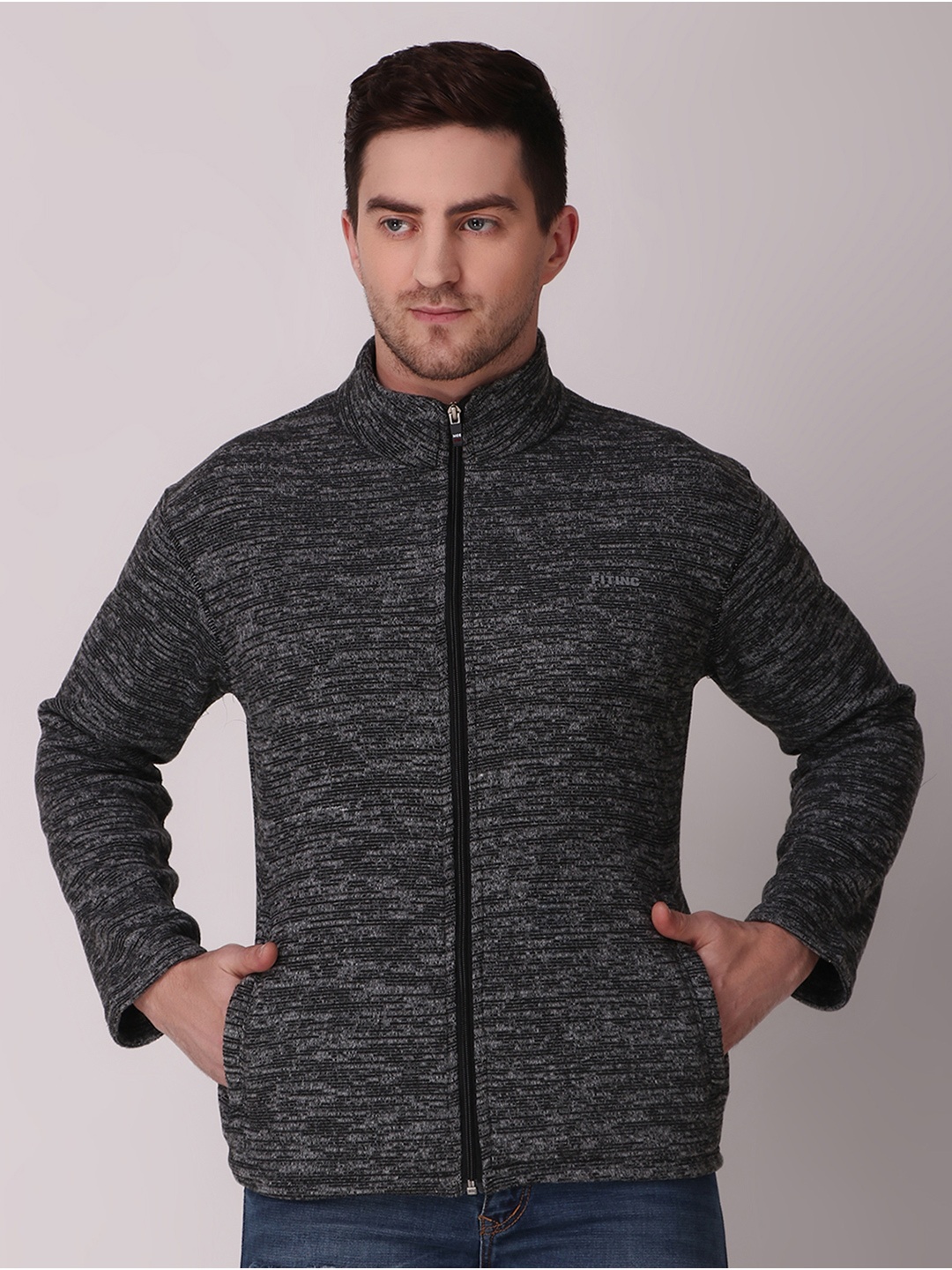 

FITINC Men Black Grey Fleece e-Dry Technology Open Front Jacket