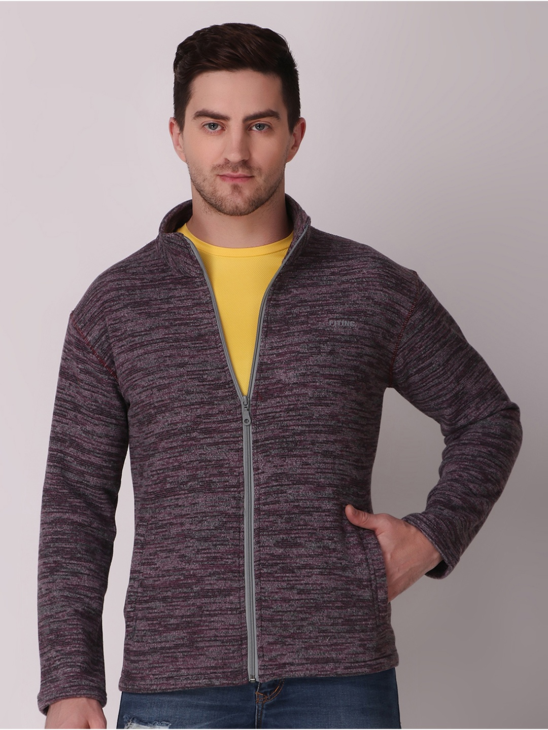 

FITINC Men Maroon Grey Fleece e-Dry Technology Open Front Jacket