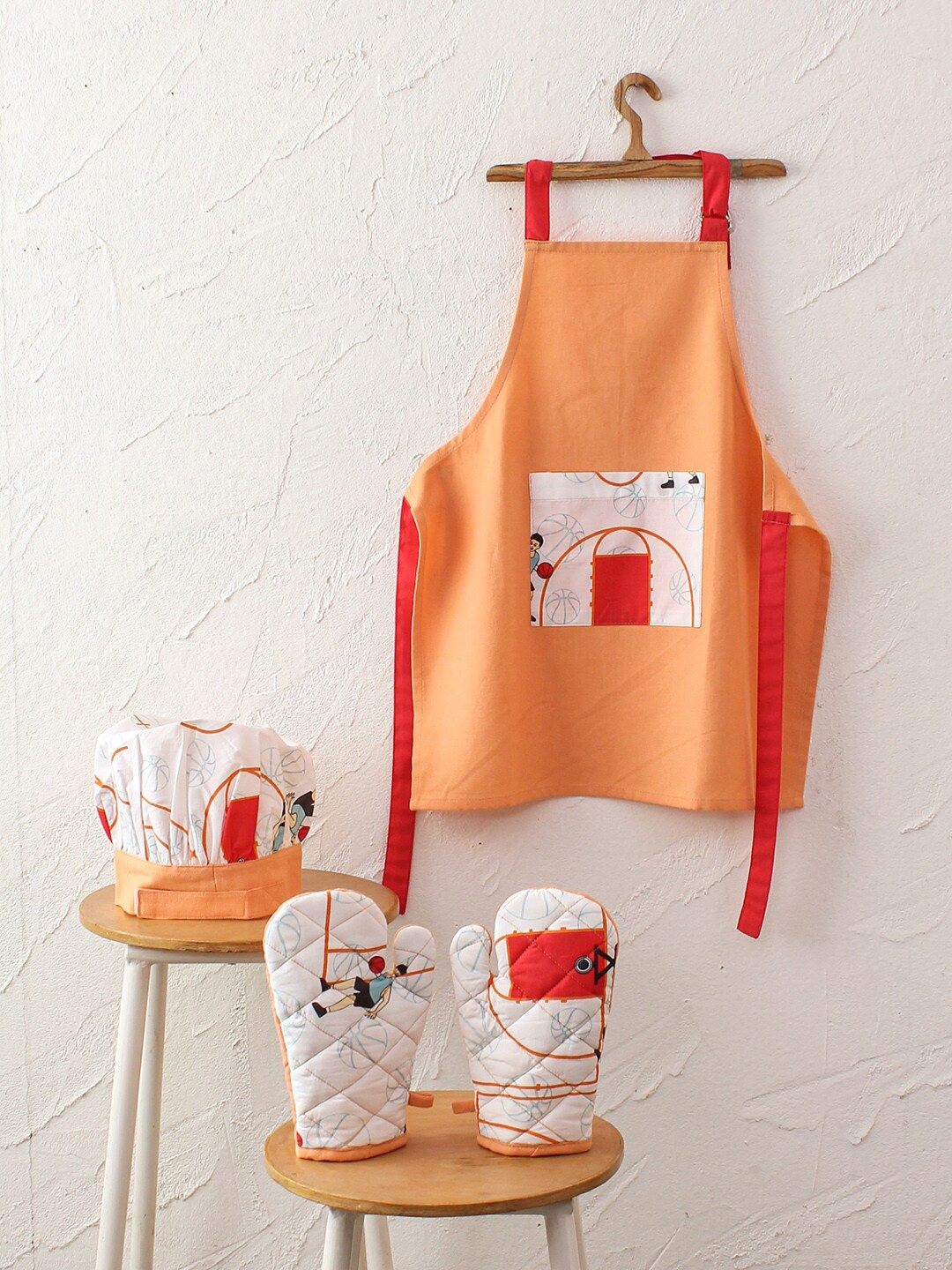 

House This Set of 3 White & Orange Printed Pure Cotton Kitchen Apron Set