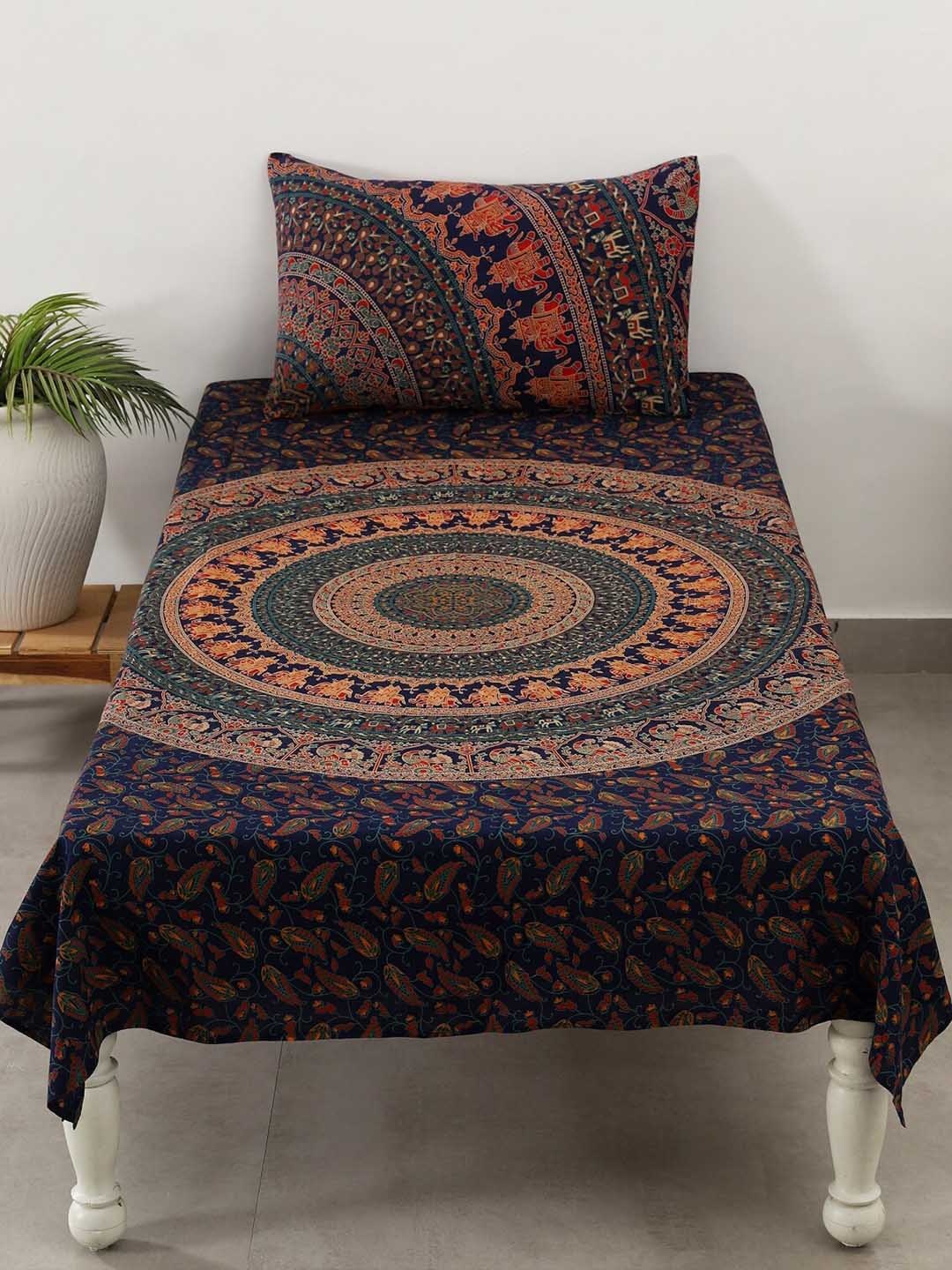 

HANDICRAFT PALACE Blue 144 TC Mandala Print Cotton Single Bedsheet With 1 Pillow Cover