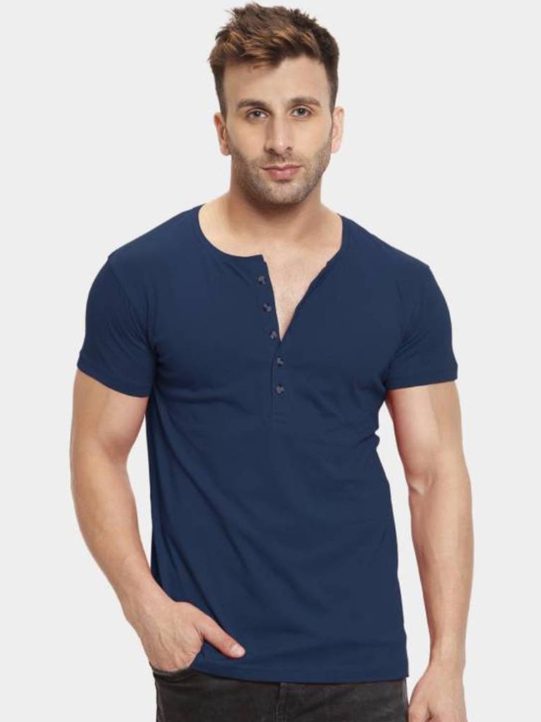 

Rodzen Men Navy Blue Henley Neck Pure Cotton T-shirt