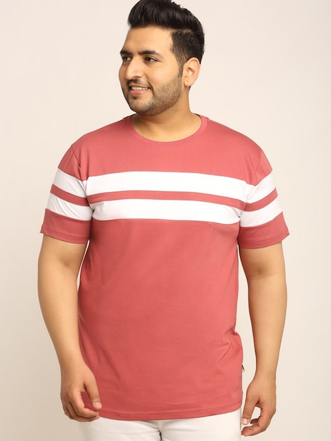 

Rodzen Men Plus size Rose & White Striped Plus size Pure Cotton T-shirt