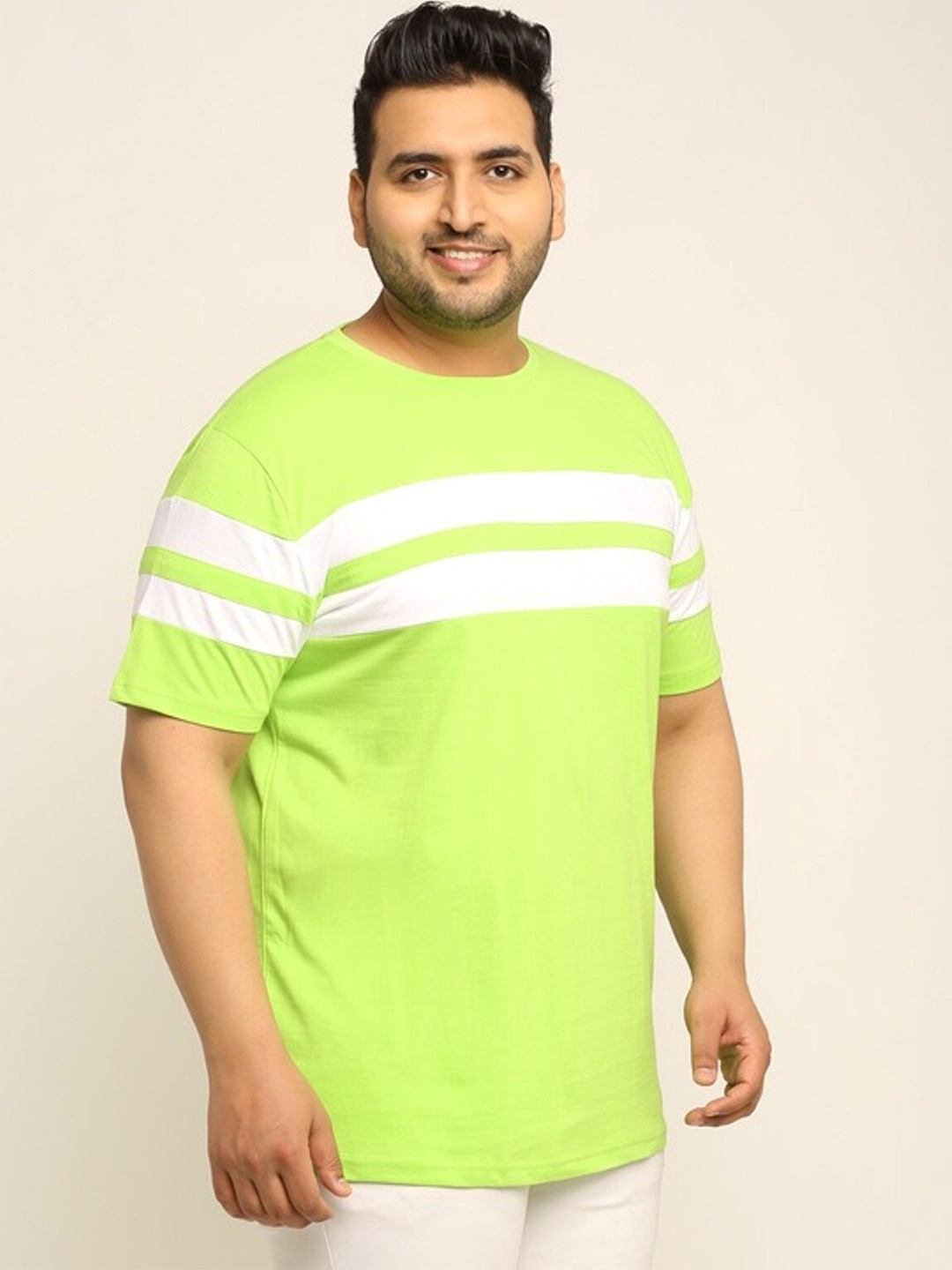 

Rodzen Men Plus size Green & White Striped Pure Cotton T-shirt