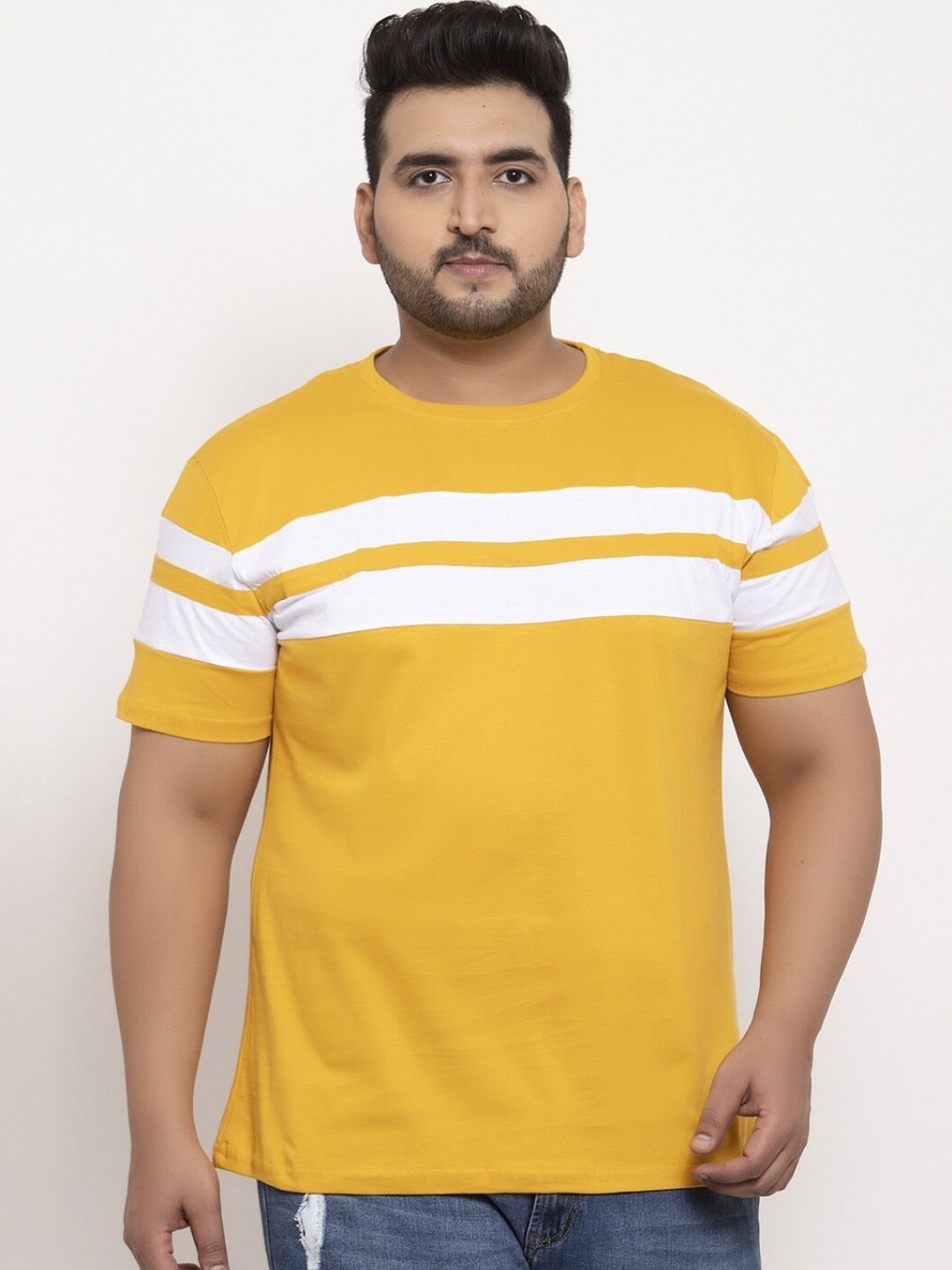 

Rodzen Men Plus size Mustard Yellow & White Striped Pure Cotton T-shirt