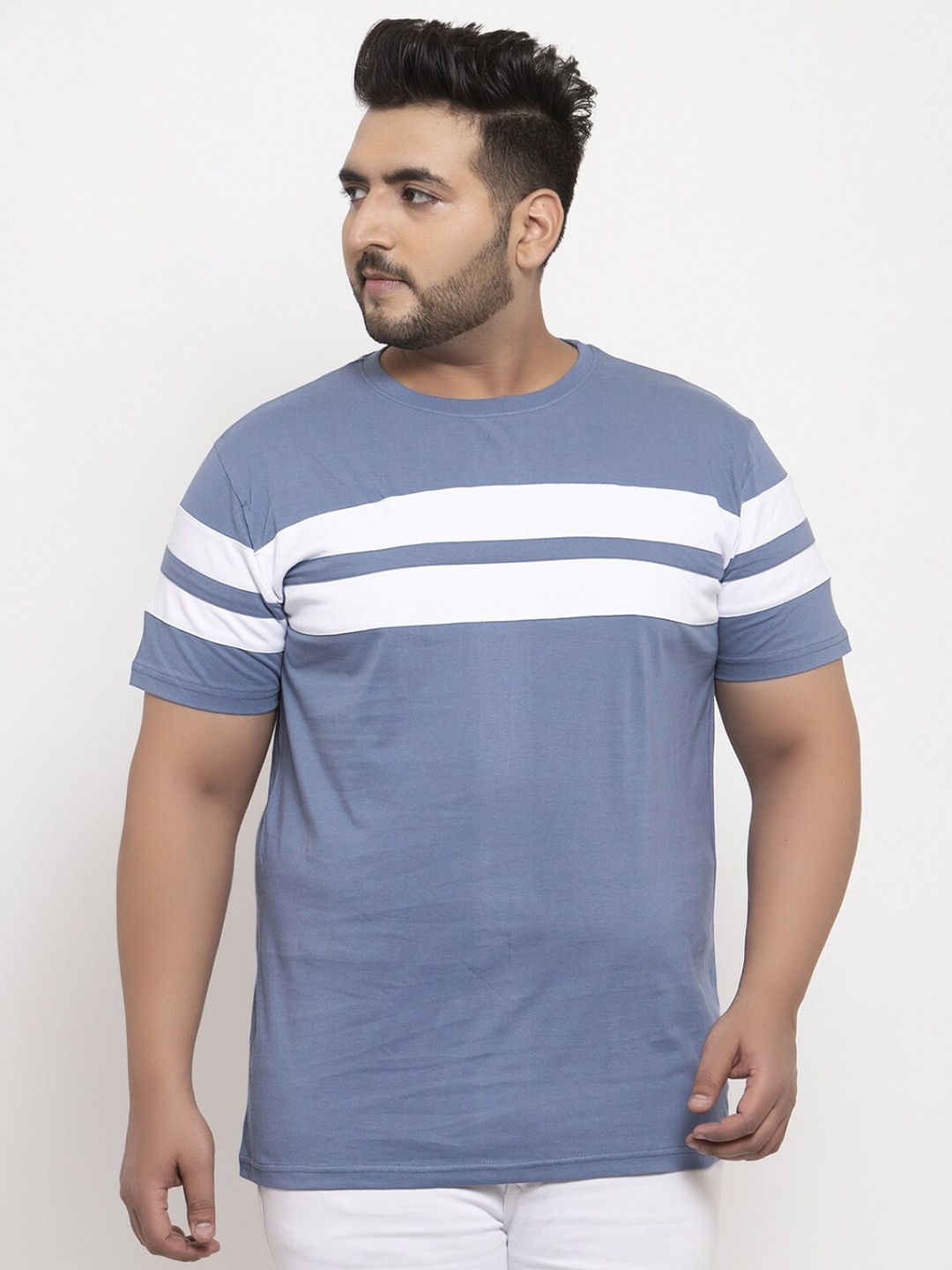 

Rodzen Men Plus size Blue & White Striped Pure Cotton T-shirt