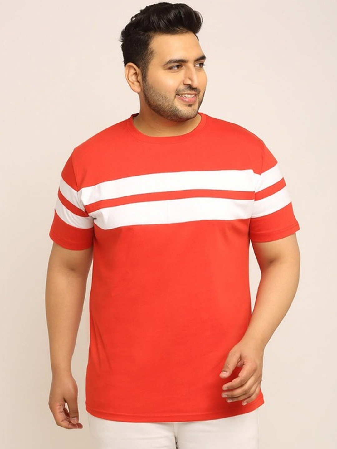 

Rodzen Men Plus Size Red & White Striped Pure Cotton T-shirt