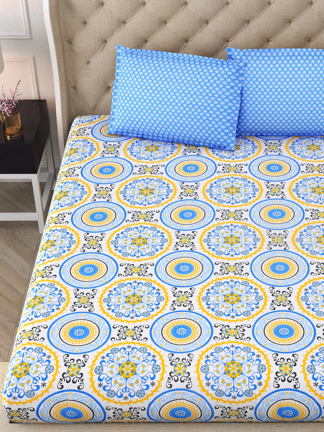 

DREAM WEAVERZ Blue & Yellow Cotton Ethnic Motifs 300 TC Double Bedsheet with 2 Pillow Covers, White