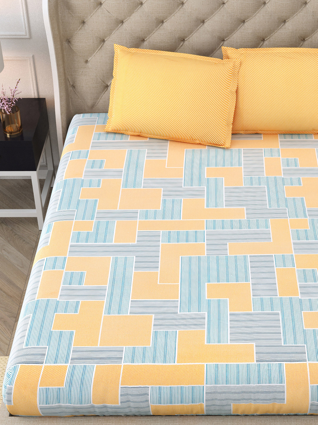

DREAM WEAVERZ Blue & Yellow Geometric Cotton 300 TC Double Bedsheet with 2 Pillow Covers