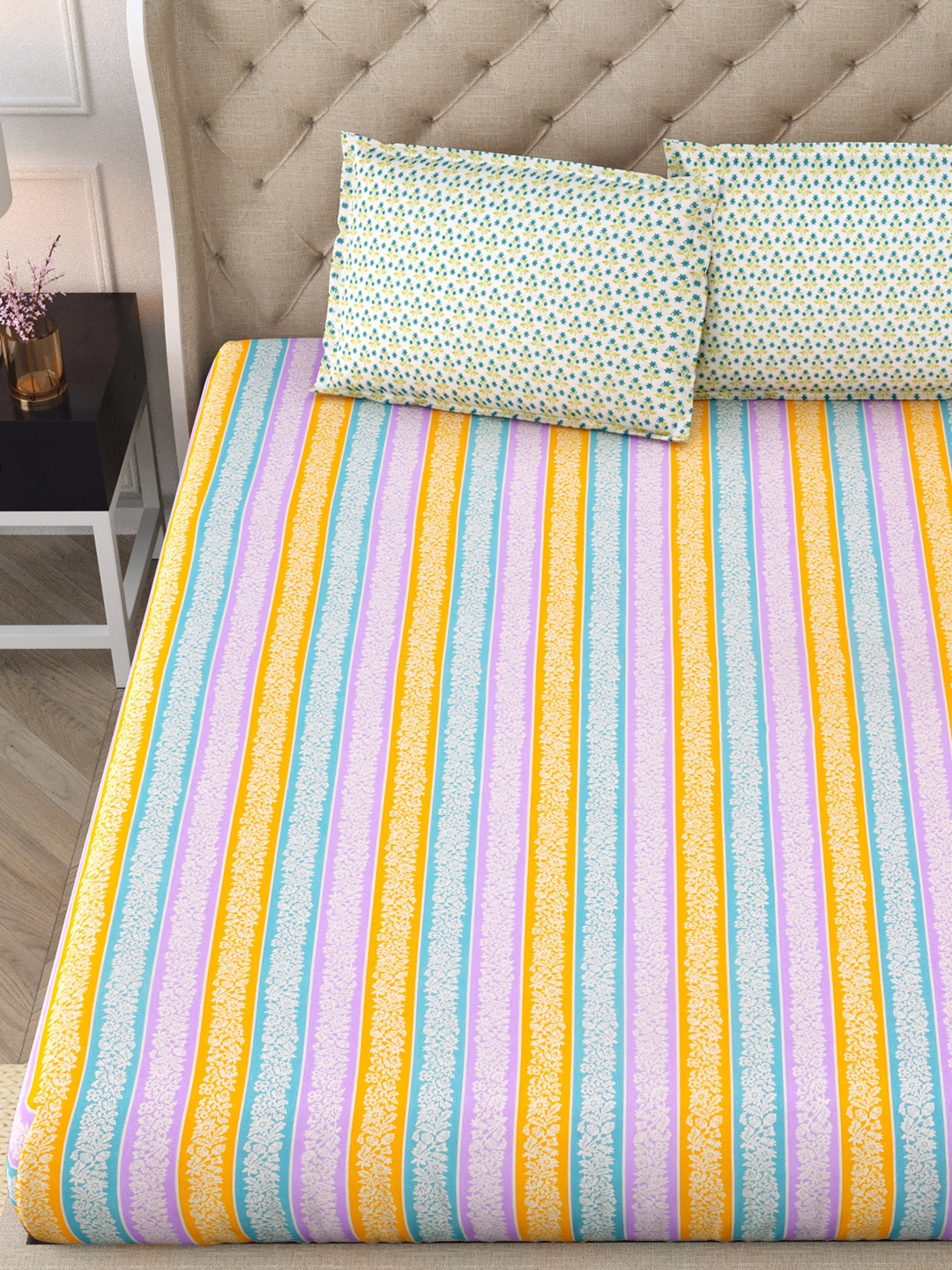 

DREAM WEAVERZ Yellow & Blue Cotton Floral 300 TC Double Bedsheet with 2 Pillow Covers