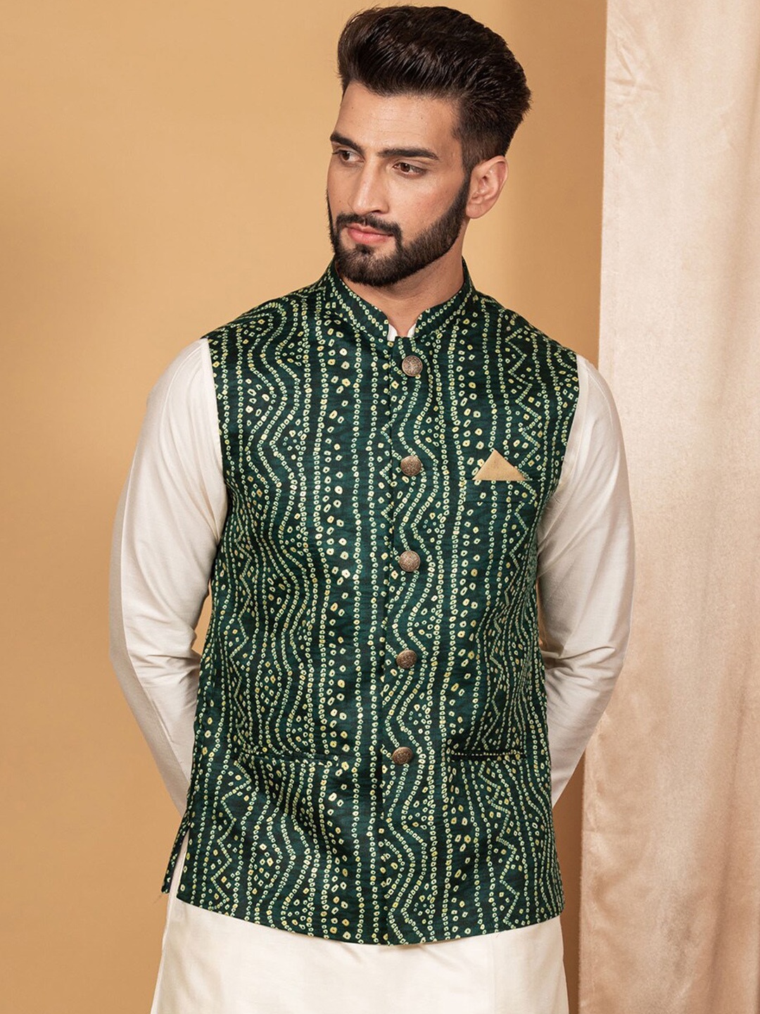 

KISAH Men Green Printed Woven Nehru Jackets