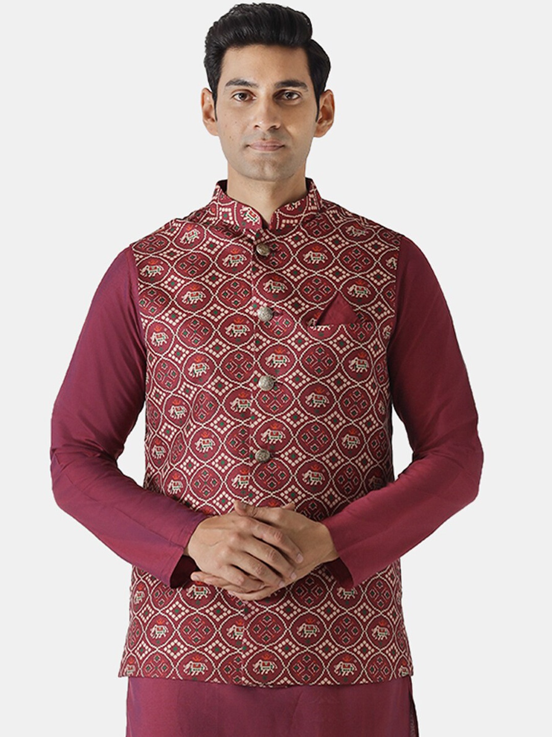 

KISAH Men Maroon Printed Woven Nehru Jacket