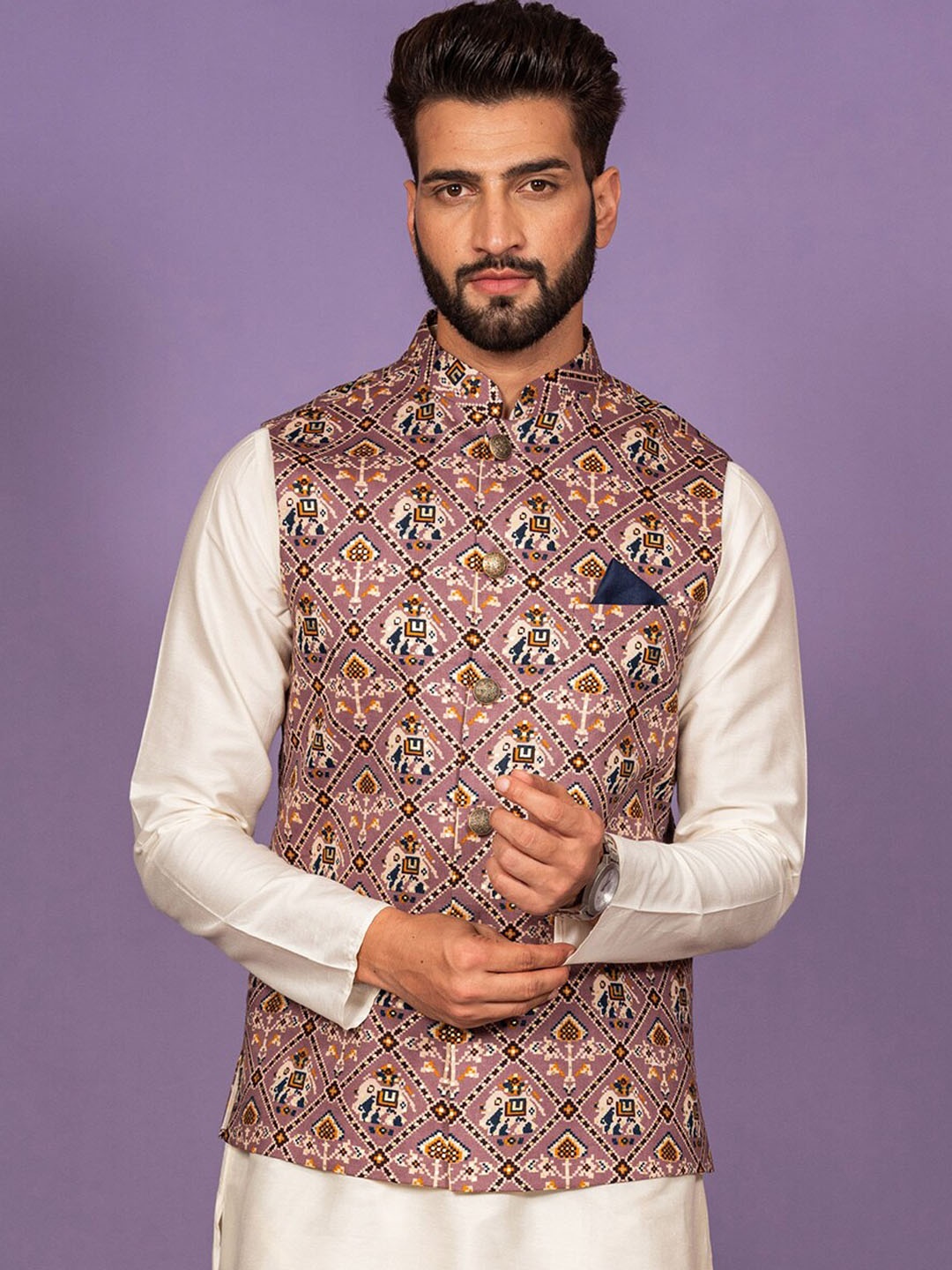 

KISAH Men Purple & Brown Printed Nehru Jacket