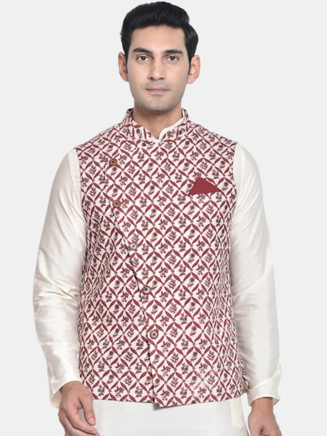 

KISAH Men White & Red Printed Cotton Nehru Jacket