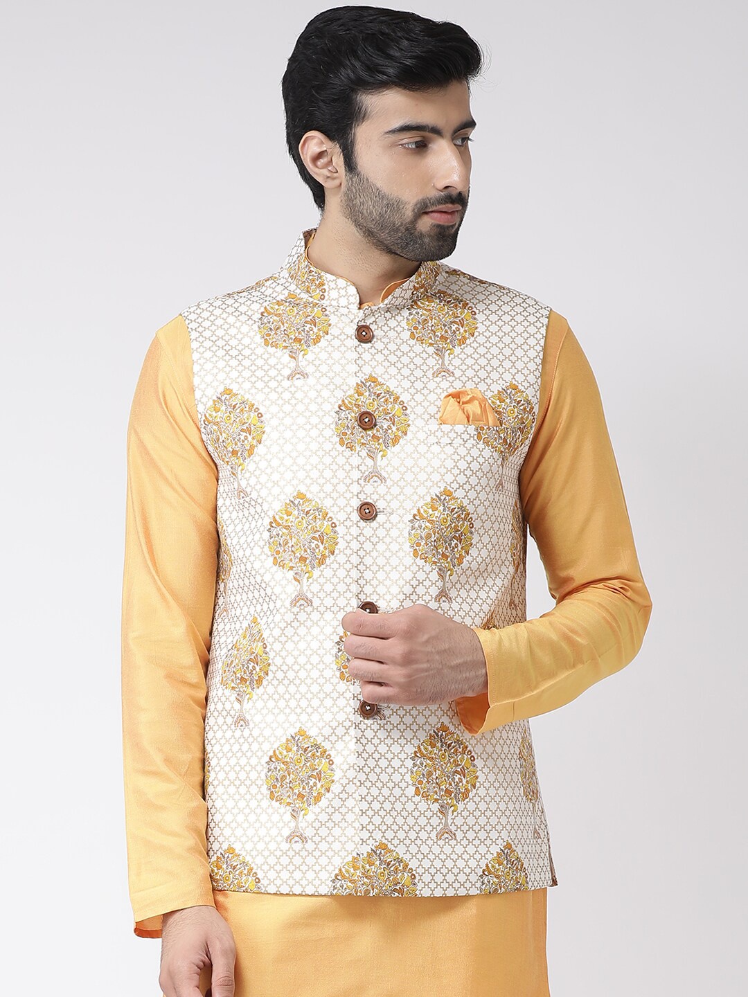

KISAH Men White Woven Design Nehru Jacket