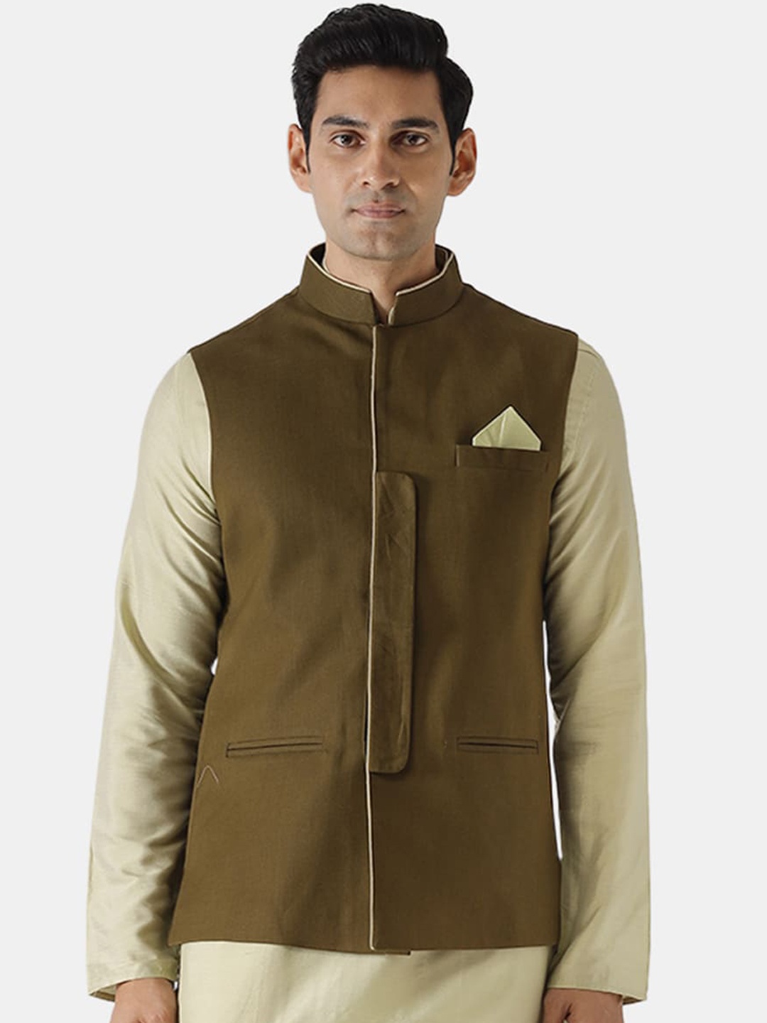 

KISAH Men Olive Solid Cotton Nehru Jacket