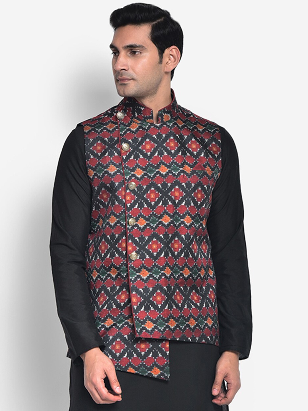 

KISAH Men Black & Maroon Printed Woven Nehru Jacket