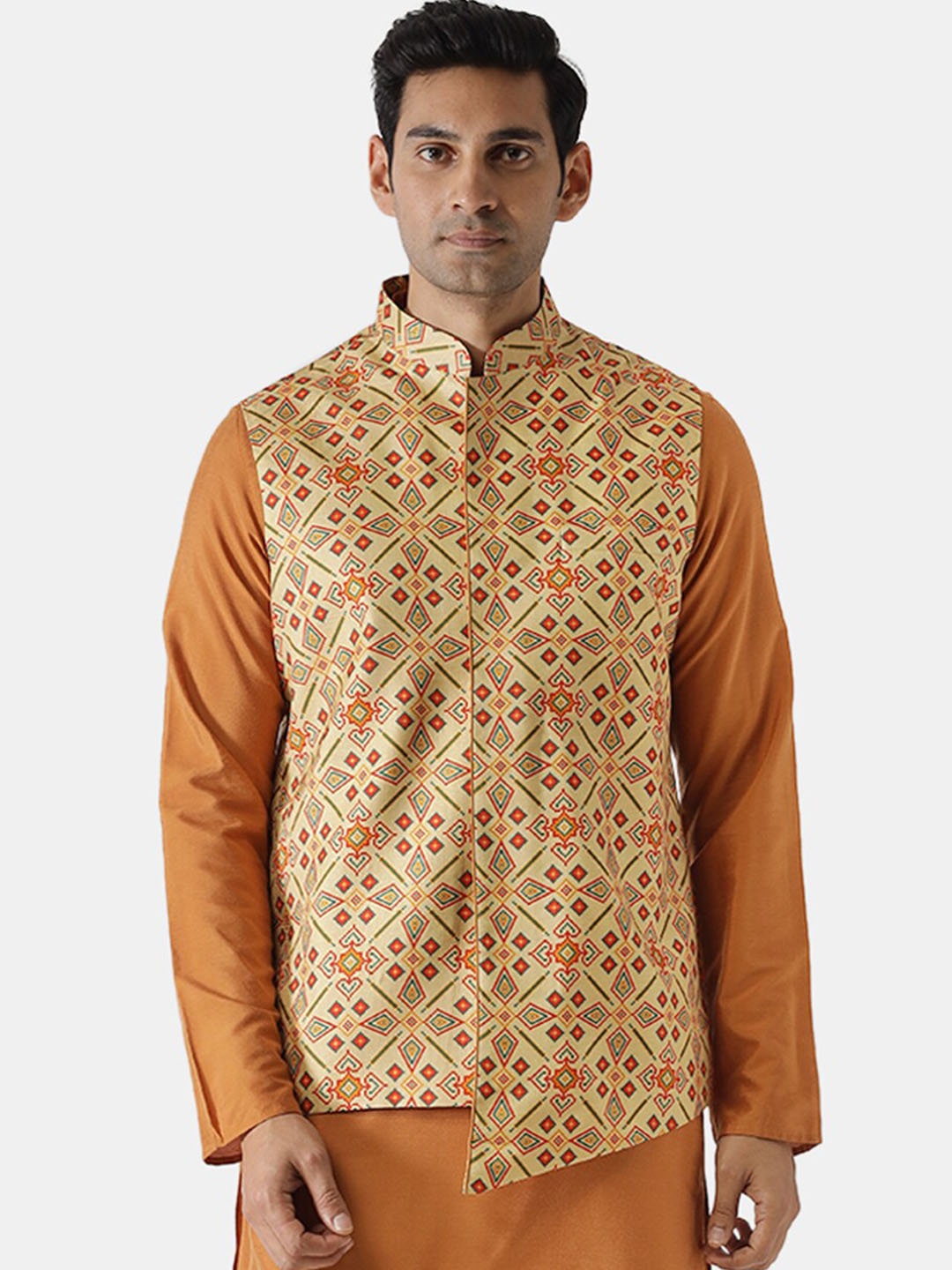 

KISAH Men Yellow & Orange Printed Nehru Jacket