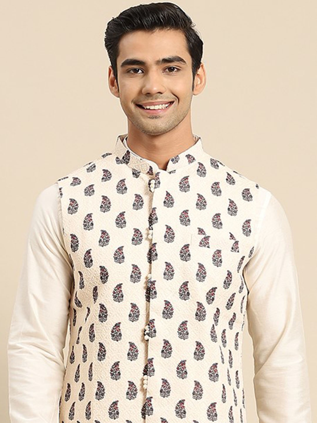 

KISAH Men White Printed Nehru Jacket