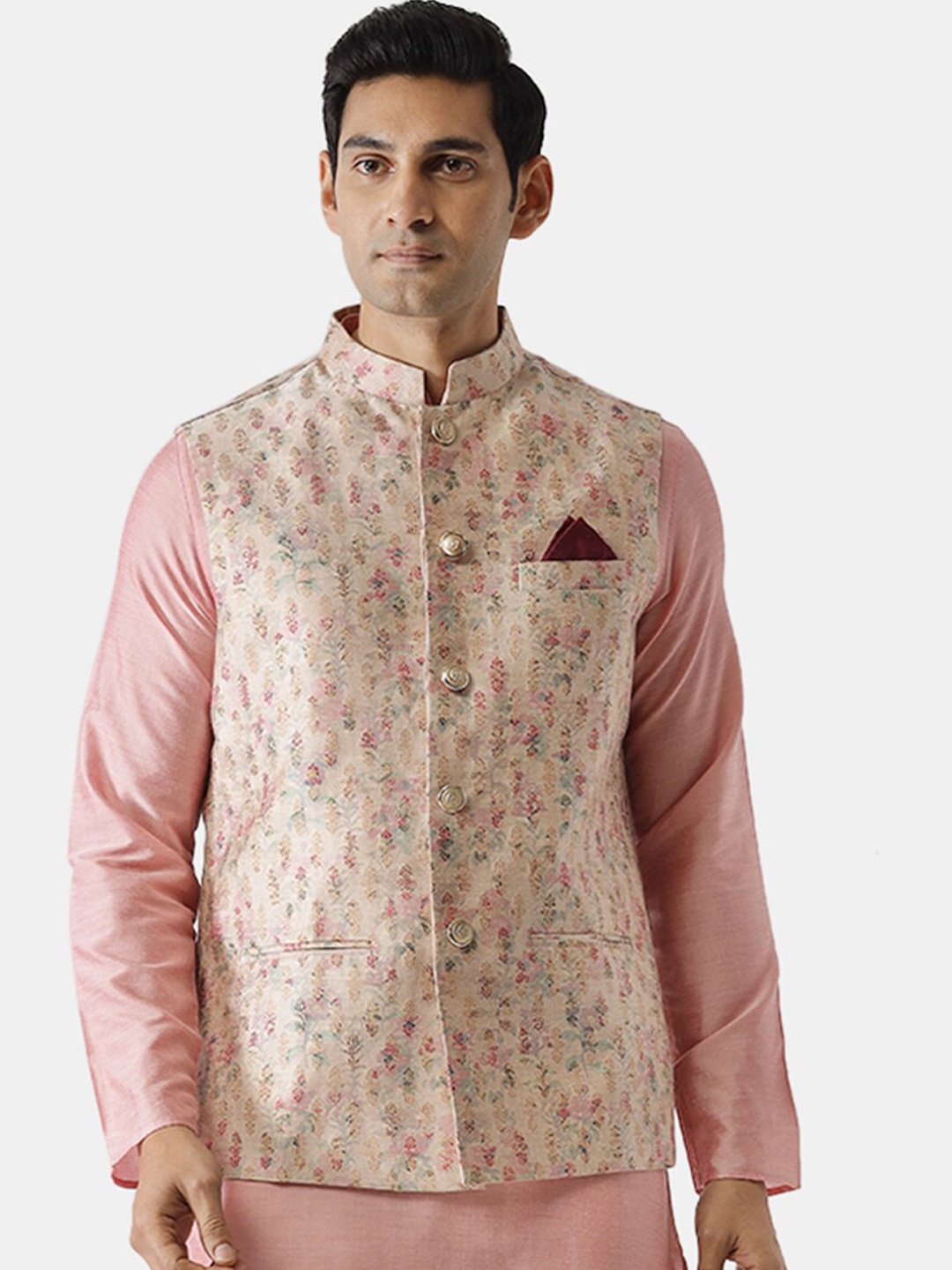 

KISAH Men Beige & Gold Printed Nehru Jacket