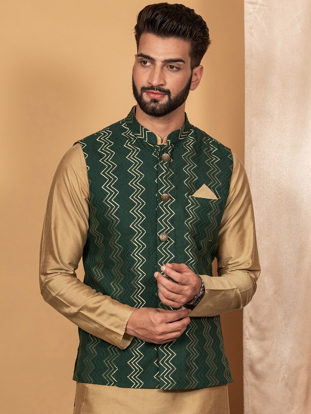 

KISAH Men Green Printed Nehru Jacket