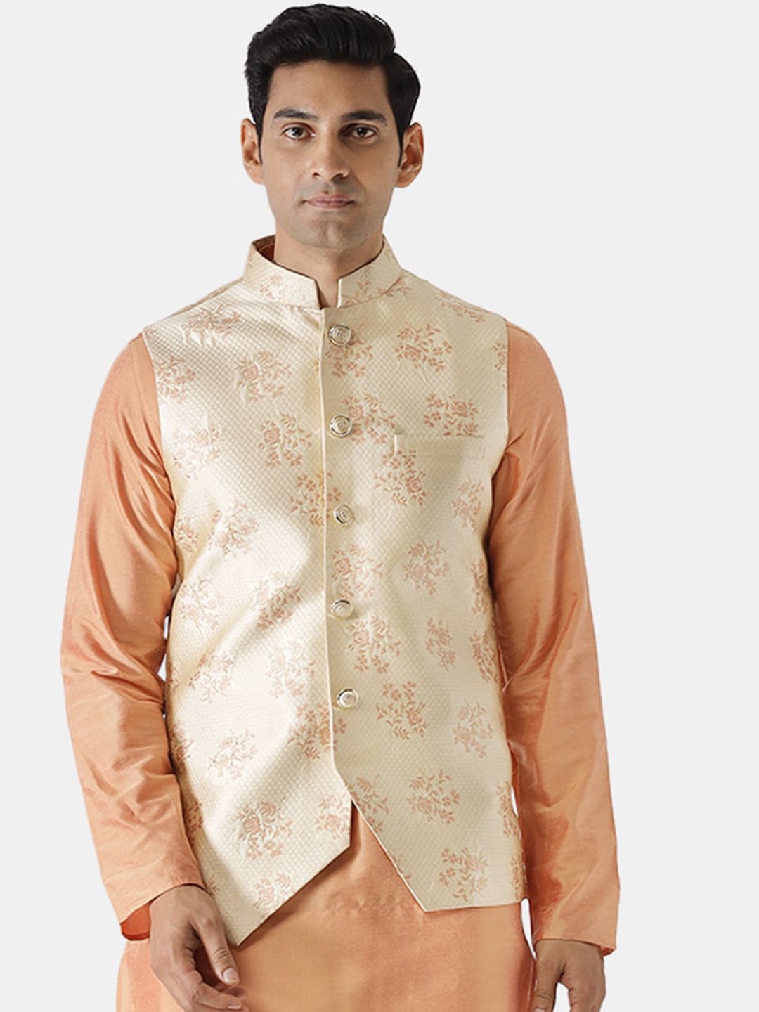 

KISAH Men Beige Woven Design Nehru Jacket