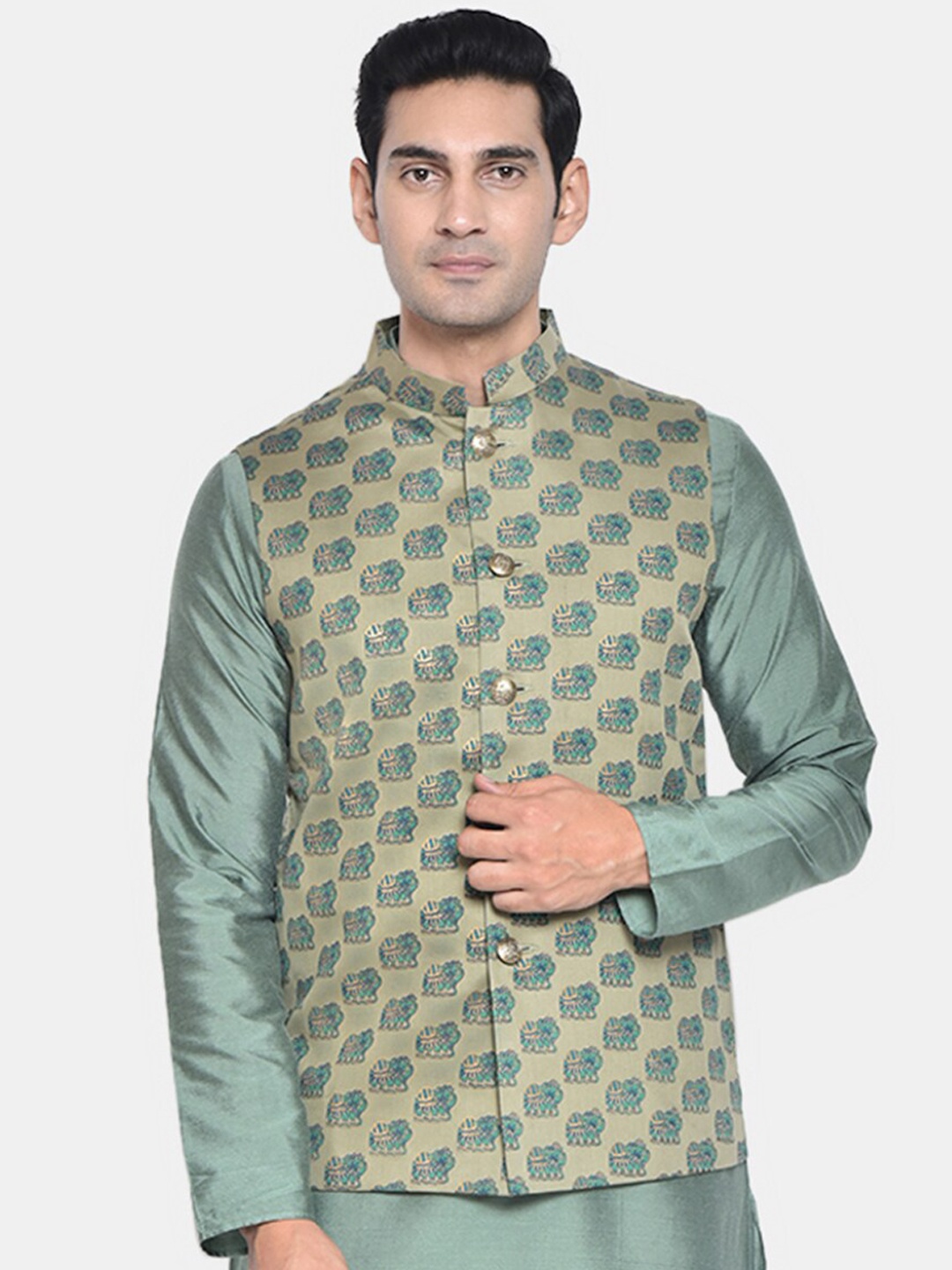 

KISAH Men Gold-Toned & Green Printed Woven Nehru Jackets