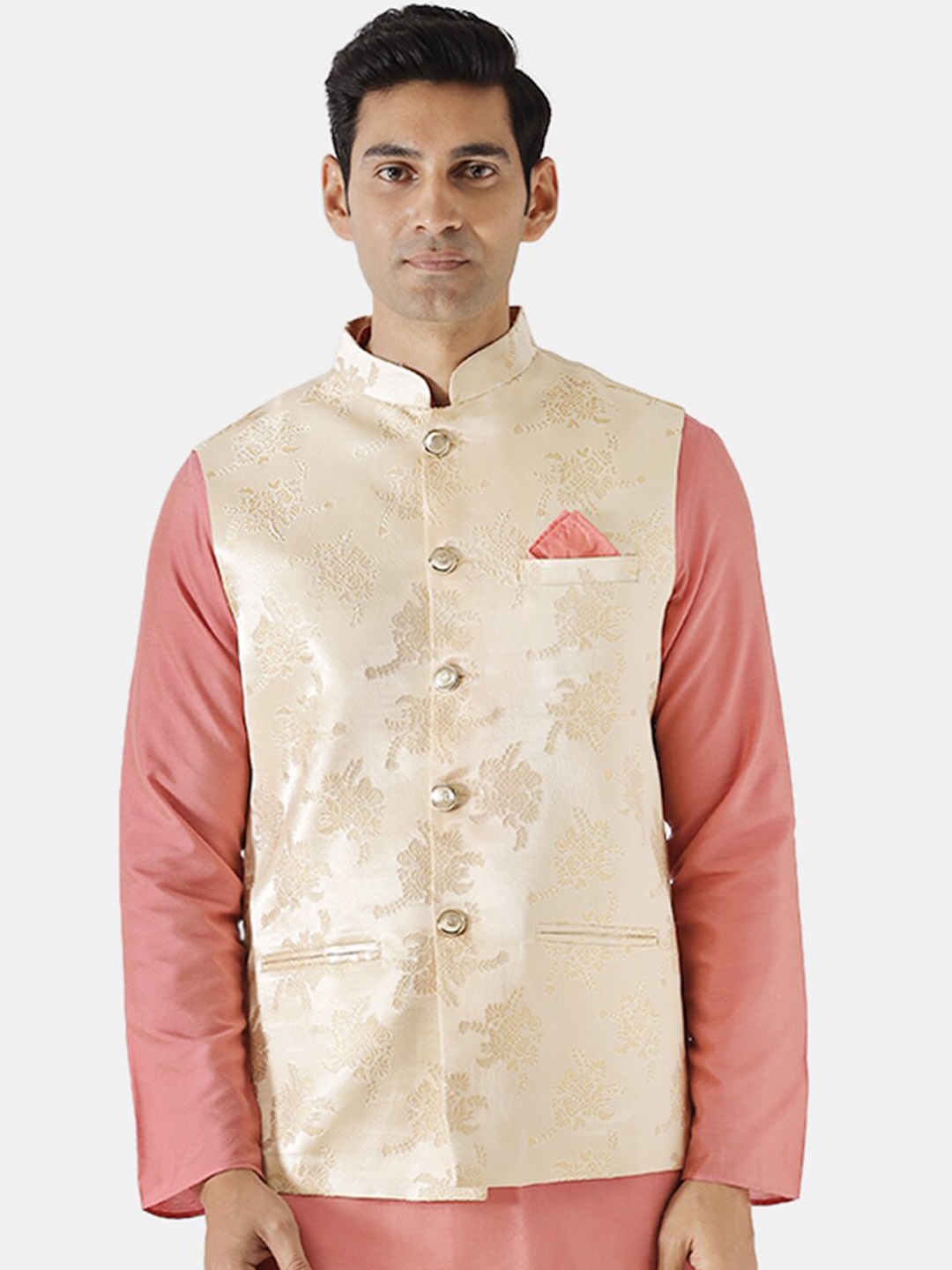 

KISAH Men Gold & Cream Woven Design Nehru Jacket
