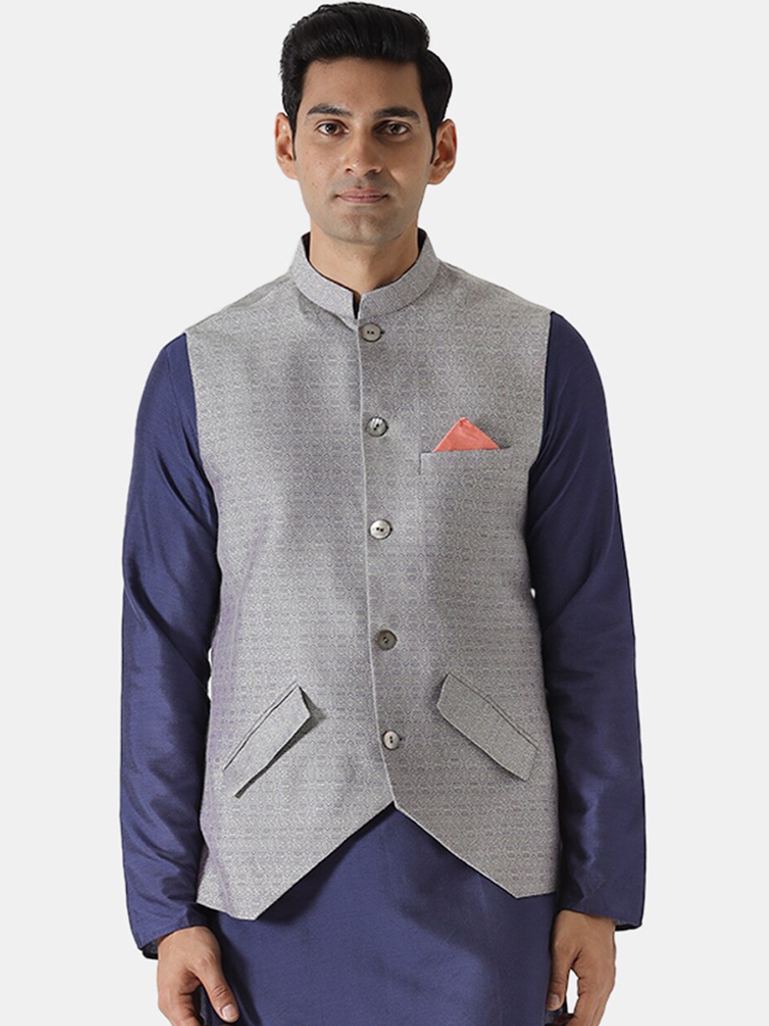

KISAH Men Grey Printed Woven Nehru Jackets