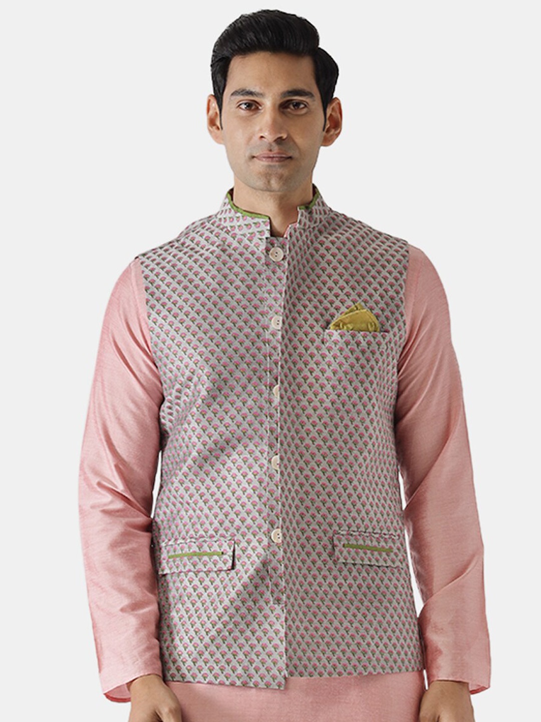 

KISAH Men Grey Printed Woven Nehru Jackets