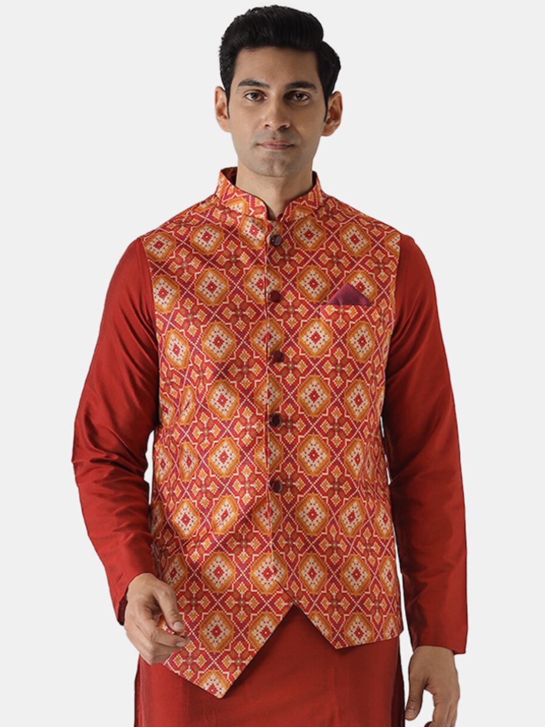 

KISAH Men Red Woven Design Nehru Jacket